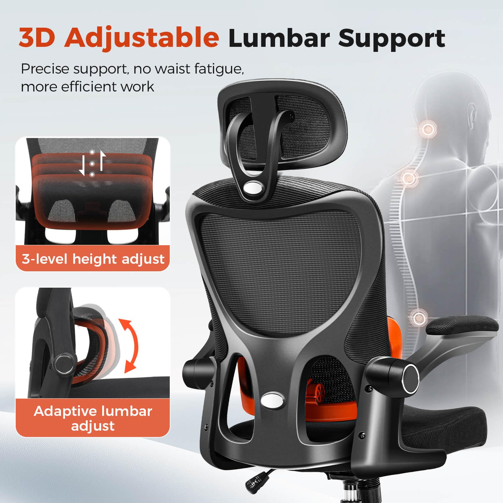 COMHOMA Ergonomic Office Desk Chair with 3D Adjustable Lumbar Support & Headrest - High Back Executive Computer Chair for Back Pain Relief, Flip-Up Armrests, Comfortable Mesh Task Chair (Ergo-Black) - Perfect for Home Office, Gaming, and Long Work Sessions