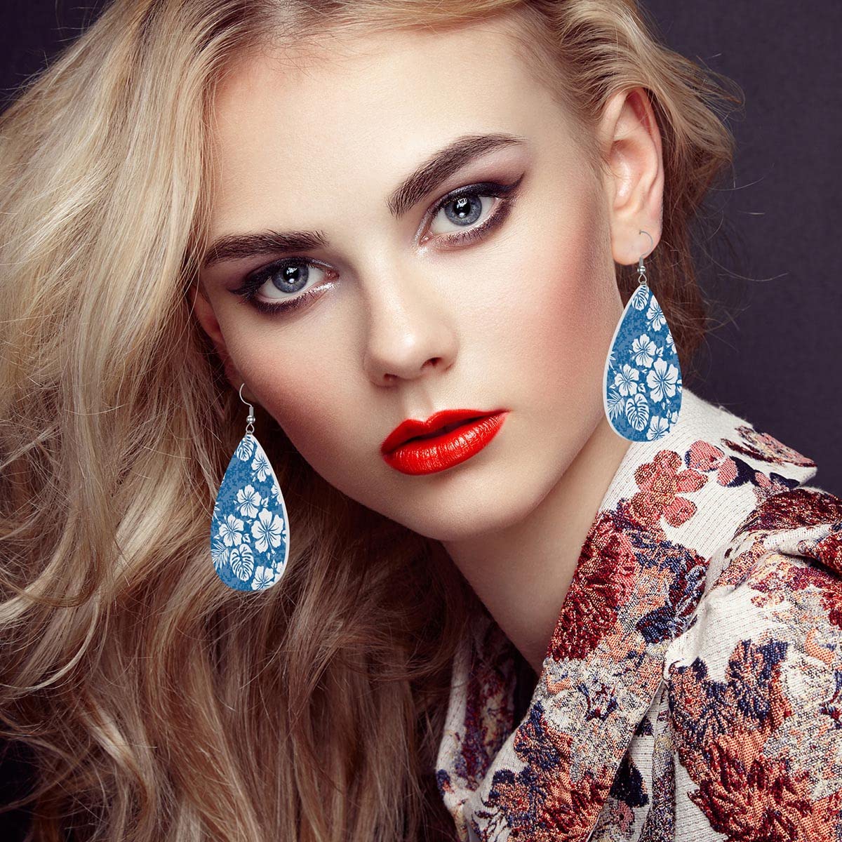 Zokola Tropical Hibiscus Flower Earrings for Women - Blue Camouflage Leather Dangle Earrings with Teardrop Design | Lightweight Double-Sided Hawaiian Style Jewelry | Perfect for Beach Vacations, Summer Parties & Boho Fashion