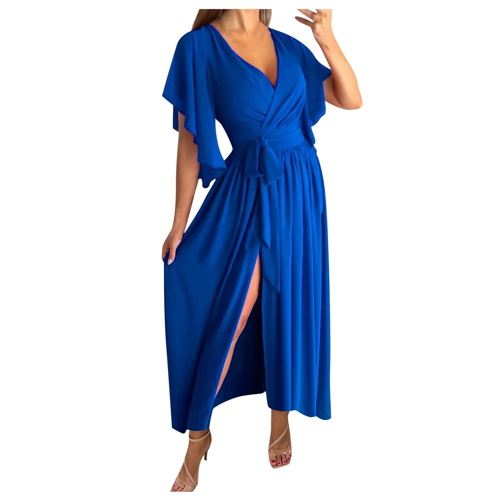 Women's Casual V-Neck Long Dress with Flared Sleeves - Plus Size Party Dress for Summer, Beach, Wedding & Special Occasions