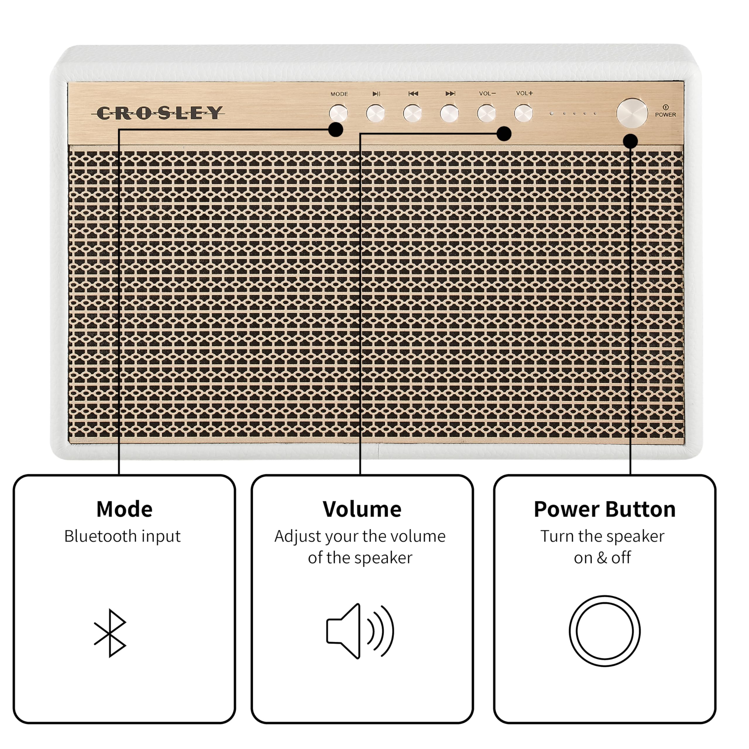 Crosley Montero Retro Bluetooth Speaker - Portable Wireless Speaker with 20W Power, 8H Playtime & USB Charger (White) - Perfect for Home, Office, Travel & Outdoor Parties