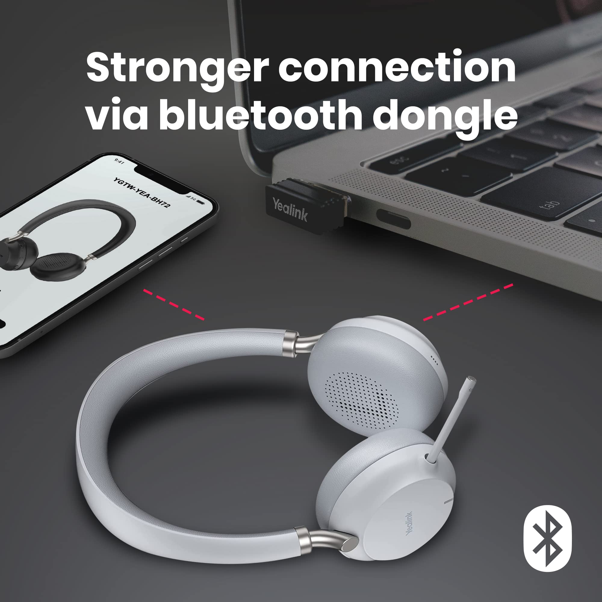 Yealink BH72 Wireless Bluetooth Headset with Charging Stand - USB-A (Grey) | Noise Cancelling Office Headset for Zoom/Teams Calls | Includes GTW Bundle & Microfiber Cloth | Perfect for Remote Work & Home Office Use