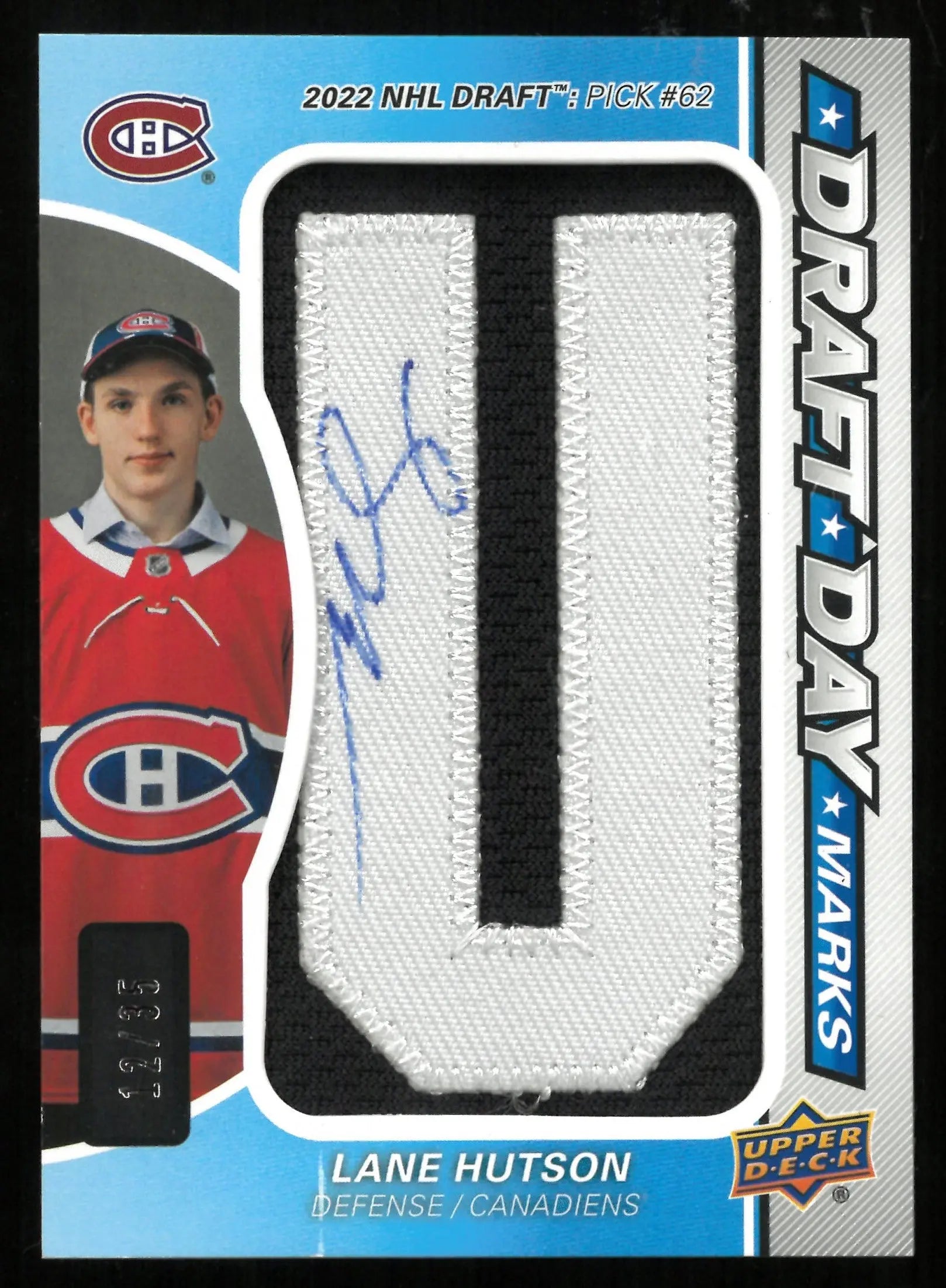 2024-25 Upper Deck SP Game Used Lane Hutson Rookie Card Draft Day Marks Autograph Letter Patch /35 - Perfect for Hockey Collectors & Memorabilia Fans