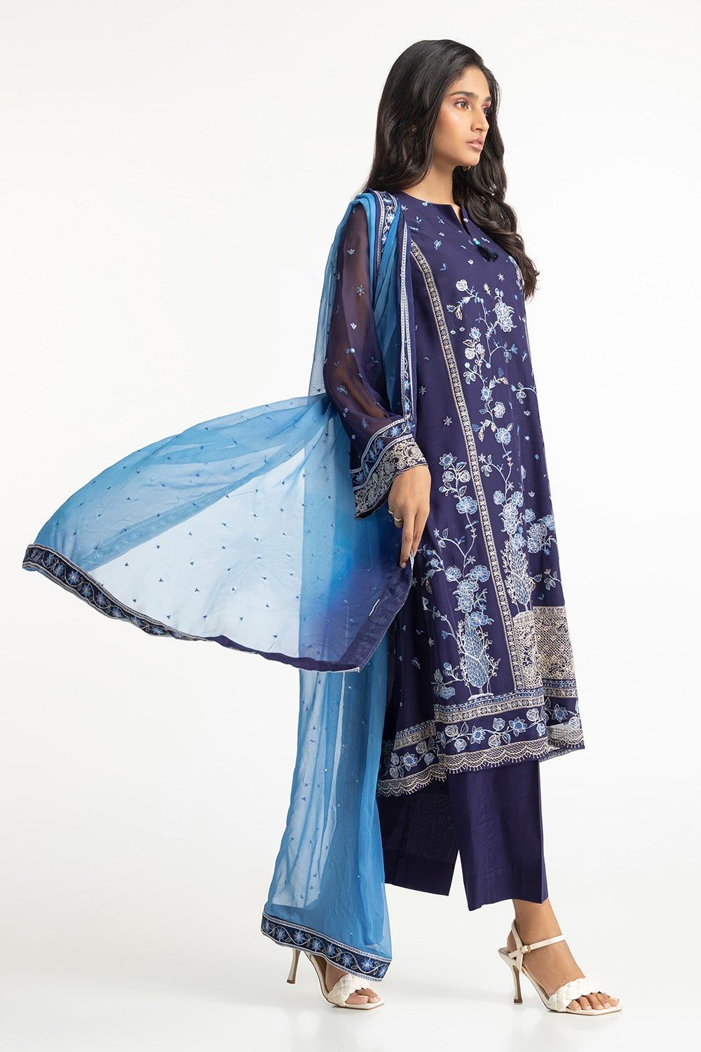 Gul Ahmed Navy Blue Embroidered Chiffon Stitched Suit for Women - Elegant Party Wear & Formal Occasions