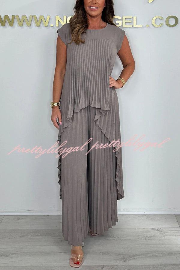 Laney Pleated Short Sleeve Blouse & Elastic Waist Wide Leg Pants Set - Women's Fashion Outfit for Work, Date Night & Summer Casual Wear