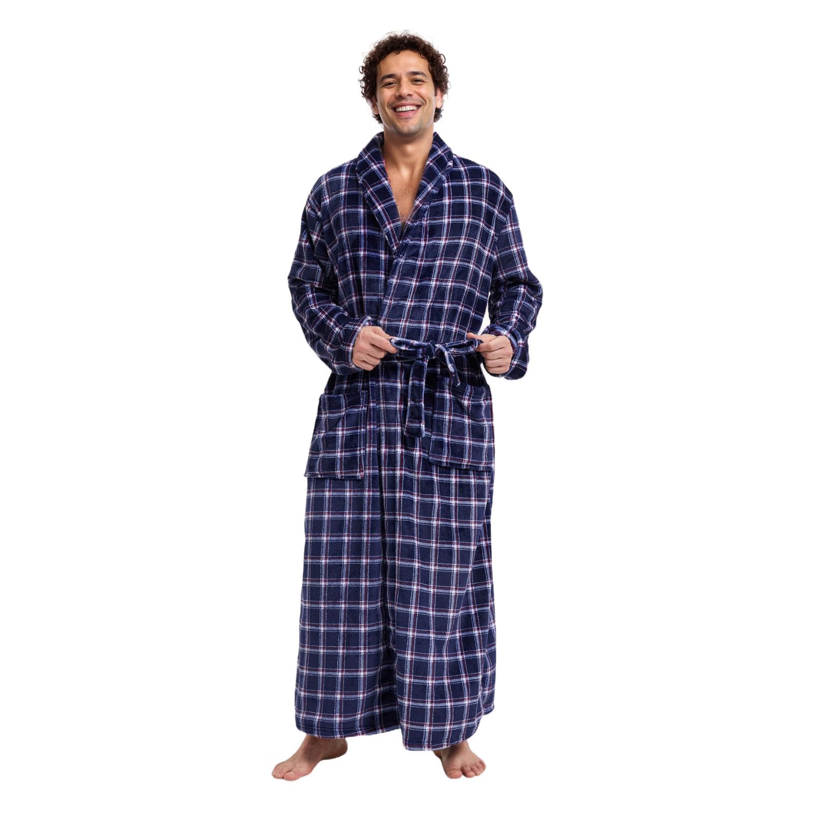 Men's Big & Tall Fleece Plush Bathrobe - Full Length Shawl Collar Plaid Robe for Men - Cozy Loungewear for Home, Spa & Relaxation