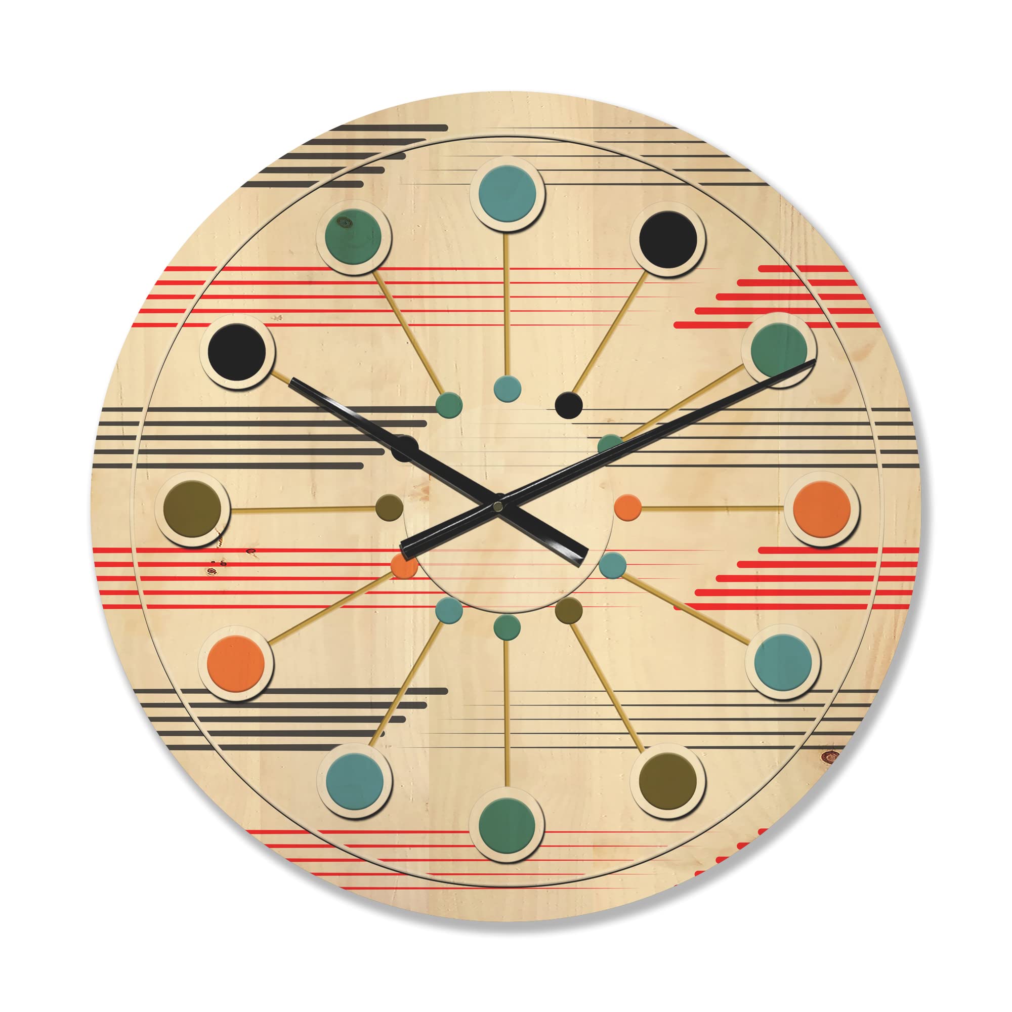 Vintage Mid-Century Modern Wood Wall Clock - Large Retro Geometric Design for Living Room, Bedroom & Office Décor | Oversized Decorative Wooden Clock with Horizontal Pattern