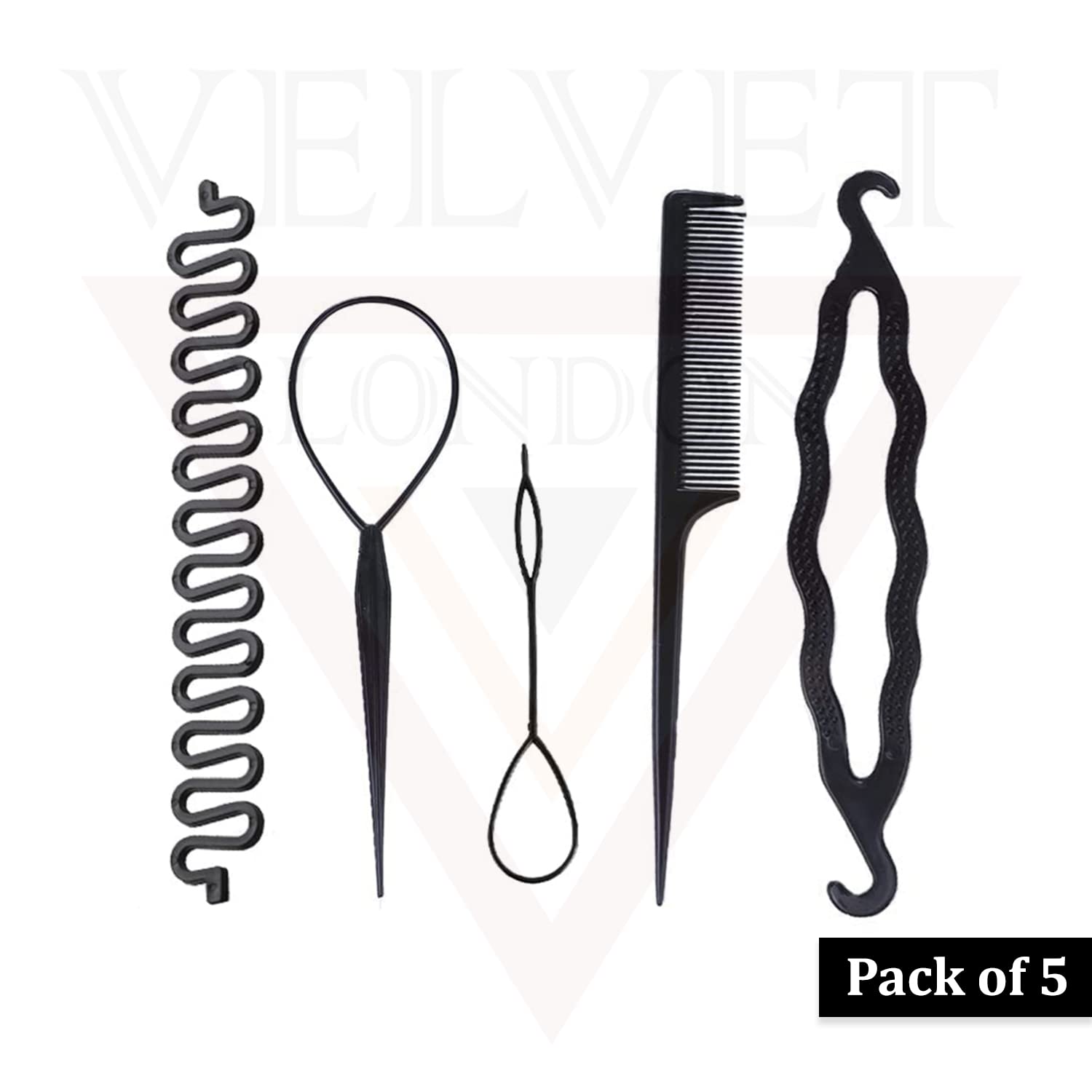 5Pcs Bun Maker Tool Set - Hair Styling & Braiding Tools for Women & Girls - Ponytail Loop Maker, Topsy Comb, Hair Braid Accessories (Black) - Perfect for Home, Salon & Travel Hairstyling
