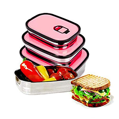 ZEERKEER 3-Piece Stainless Steel Bento Box with Lids - Leakproof Food Storage Containers for School, Office & Camping - Reusable Lunch Box for Kids & Adults (Pink) | Perfect for Meal Prep, Picnics & Outdoor Activities