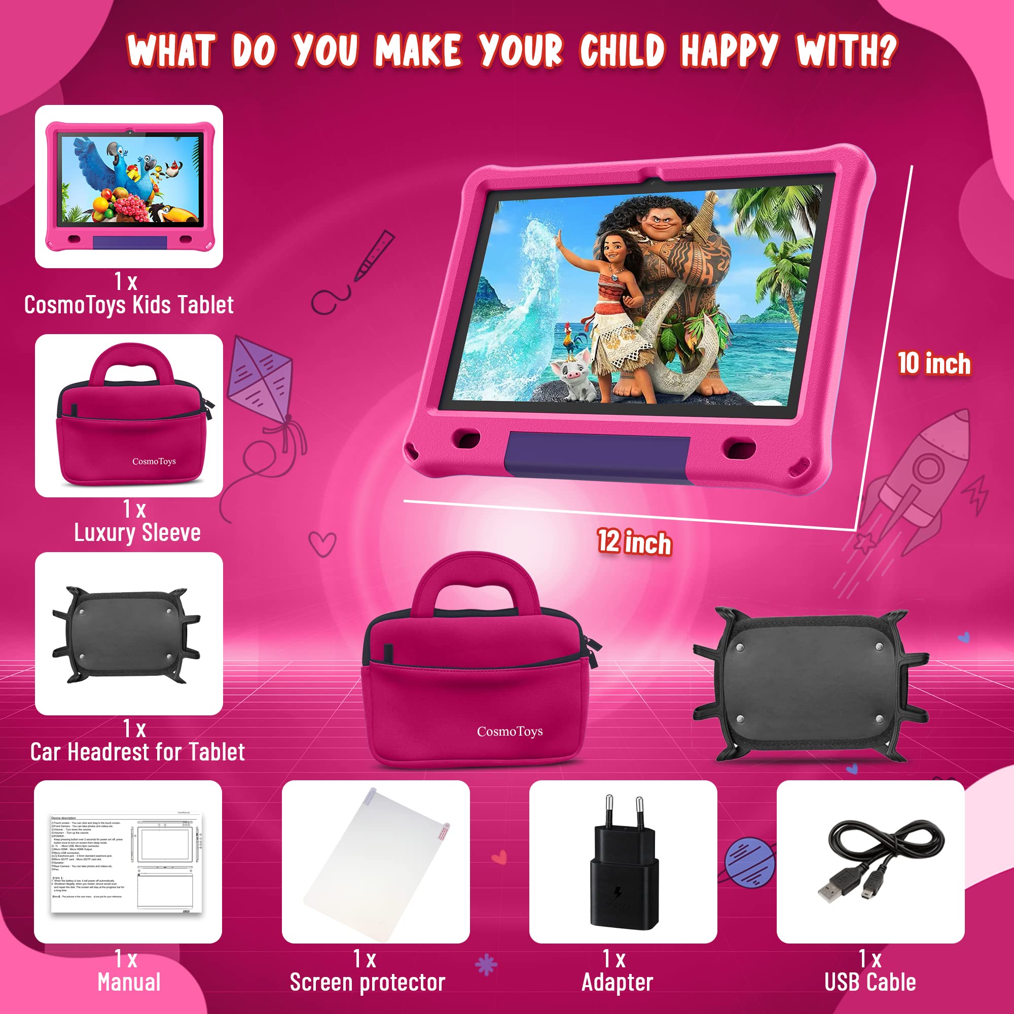 CosmoToys® Kids Tablet with Parental Control - Android 12, 6000mAh Battery, Includes Car Storage Cover & Tablet Holder - Educational Learning Tablet for Toddlers & Children (Pink) - Perfect for Road Trips, Homeschooling & Entertainment