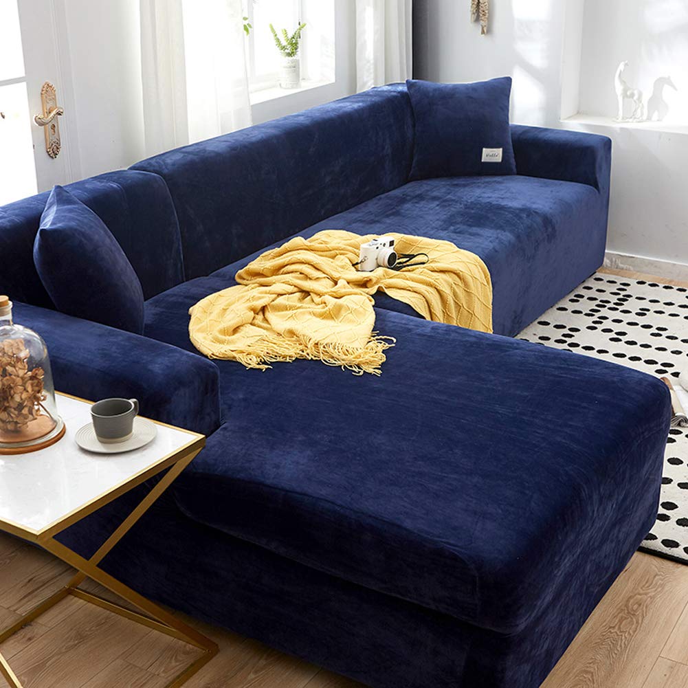 Velvet Stretch Sofa Cover for Sectional & L-Shaped Couches - 1 Piece Washable Slipcover with Elastic Bottom, Navy Blue (92-118in) - Perfect for Living Room Furniture Protection & Home Decor
