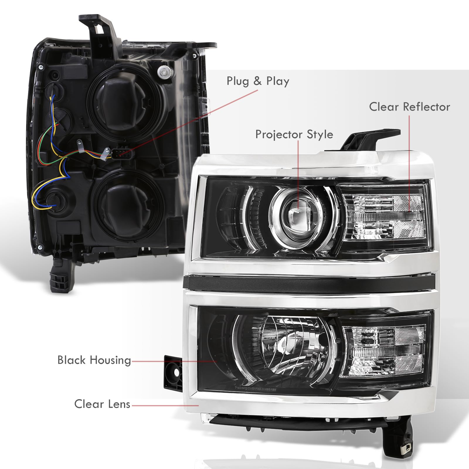 AJP Distributors Black Housing Clear Reflector LED Projector Headlights Pair - Compatible with 2014-2015 Chevy Silverado 1500 Pickup Truck | Improved Visibility & Style for Night Driving & Off-Road Adventures
