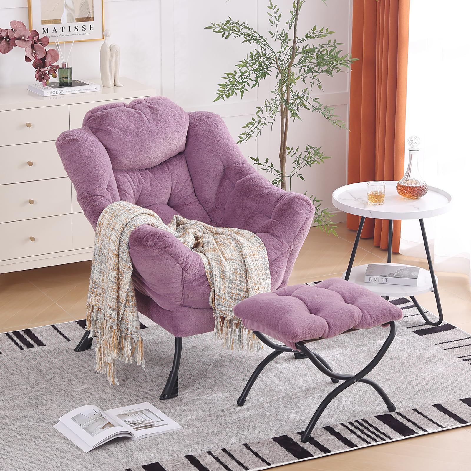 Oversized Lounge Chair with Ottoman - Modern Accent Chair with Folding Footrest, Plush Purple Reading Chair for Bedroom, Study & Living Room - Perfect for Relaxing, Reading & Small Space Decor