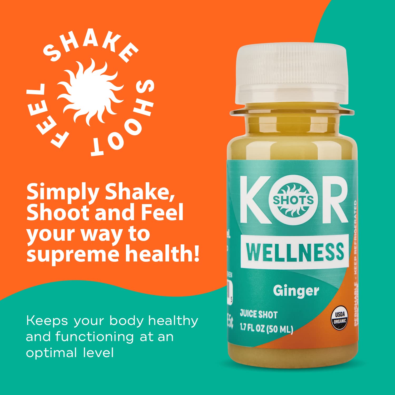 KOR Shots Ginger Shot - 24 Pack x 1.7 Fl Oz - Organic Wellness Shot with Freshly Pressed Ginger & Cayenne - Natural Energy Booster - USDA Certified - Perfect for Morning Routine, Workout Recovery & Immune Support