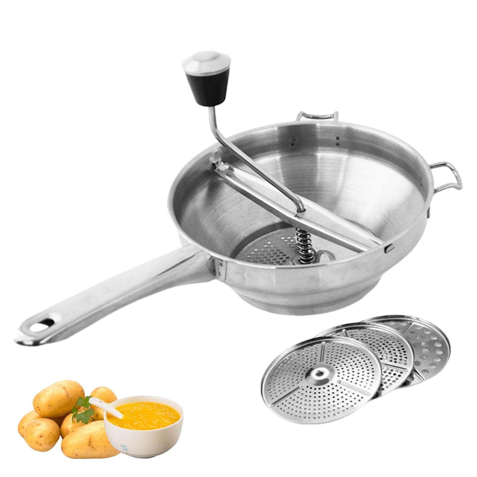 Premium Stainless Steel Food Mill with 3 Interchangeable Grinding Discs - Professional Potato Ricer for Smooth Mashed Potatoes, Tomato Sauce & Purees - Ergonomic Rotary Design for Easy Cooking & Baking - Perfect for Home Chefs & Professional Kitchens