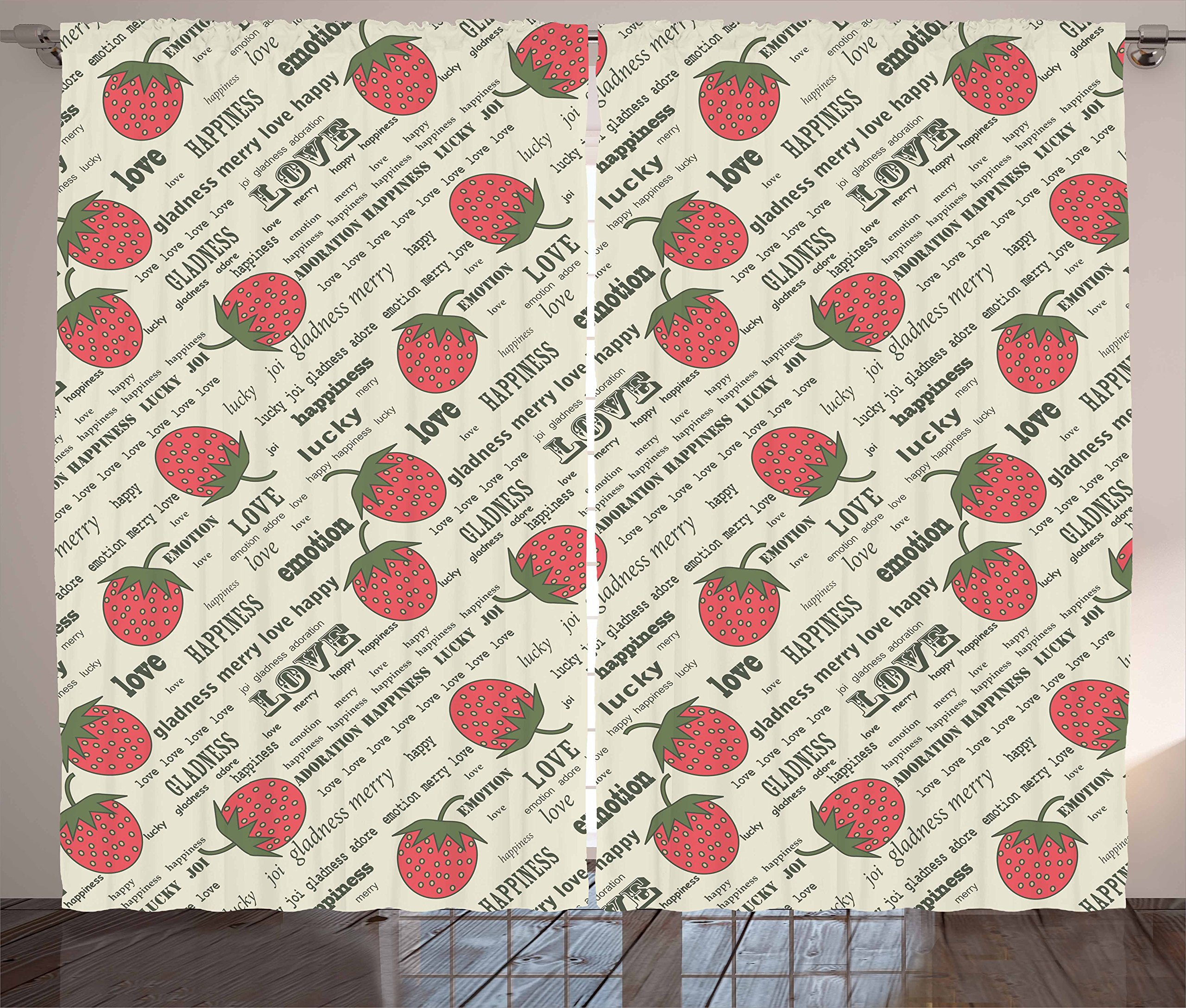 Ambesonne Fruits Curtains - Retro Valentine Theme with Strawberry Love Happiness Design, 2 Panel Window Drapes for Living Room & Bedroom, 108