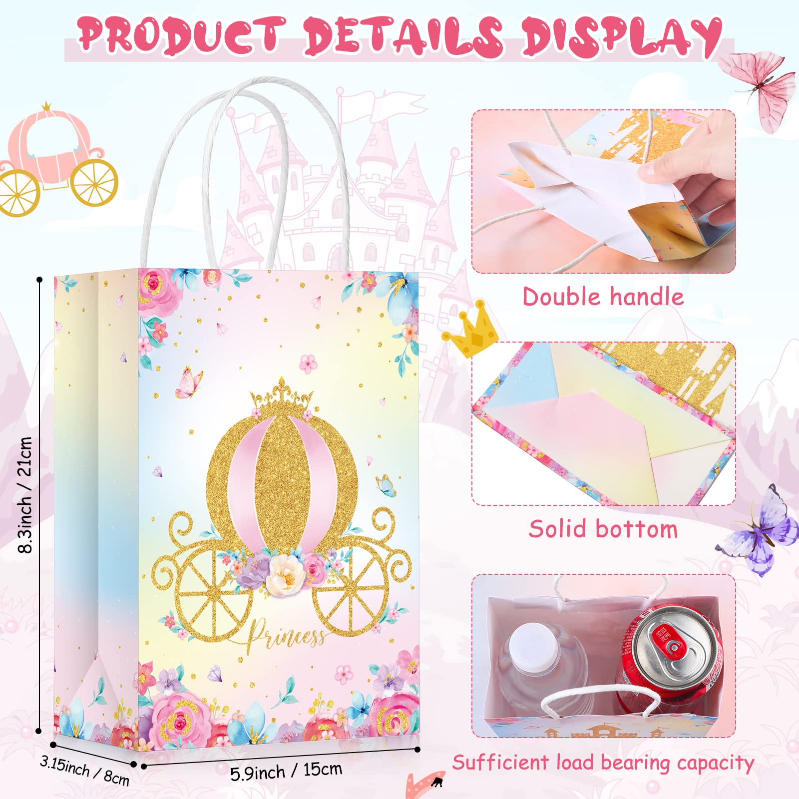 24 Pcs Princess & Prince Party Favor Bags with Handles - Elegant Castle-Themed Treat Bags for Candy, Gifts & Goodies - Perfect for Gender Reveal Parties, Baby Showers, Weddings & Birthday Celebrations (Princess Theme)