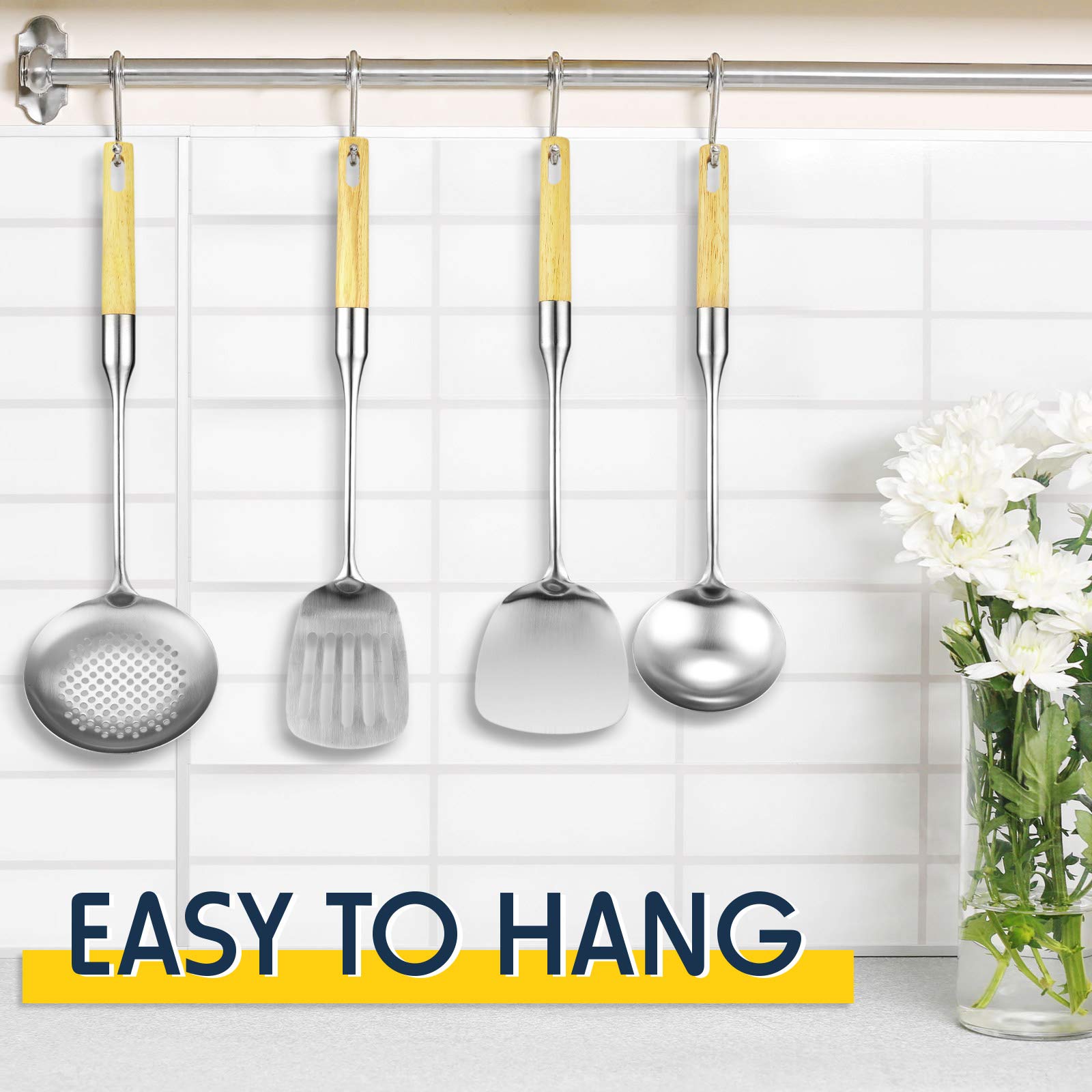 Premium Stainless Steel Chinese Wok Utensil Set - 5-Piece Nonstick Cookware Tools with Skimmer, Slotted Spoon, Spatula Turner, Wok Spatula & Soup Ladle - Ideal for Stir-Frying, Deep Frying & Asian Cooking