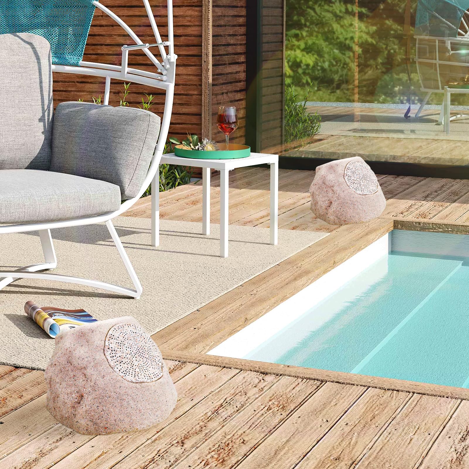 Uuffoo Rock Speaker Outdoor Waterproof Bluetooth 5.0 - Solar & USB Charging, RGB Color Changing Lights (2 Pack) - Perfect for Pool Parties, Beach Trips & Backyard BBQs
