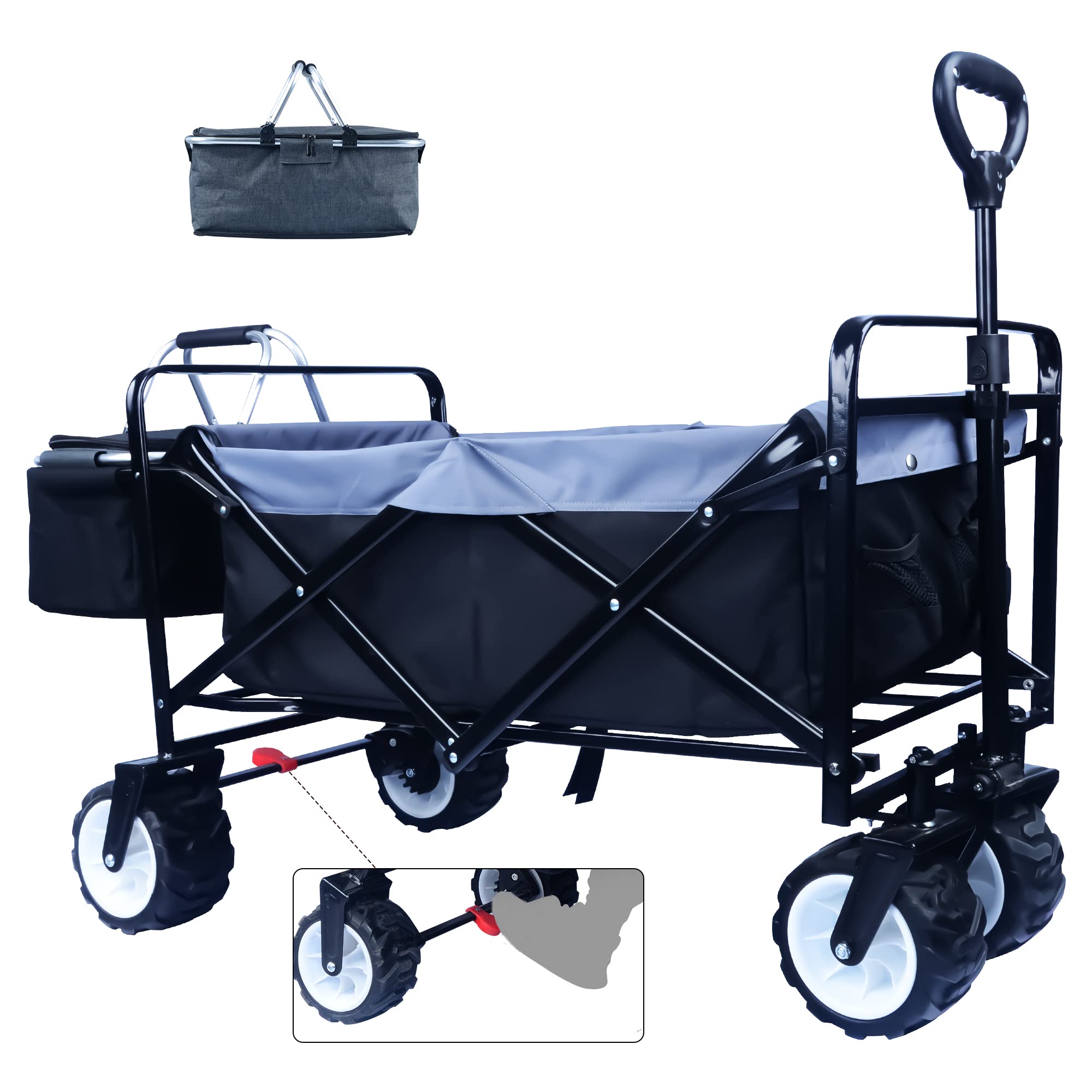 All Terrain Collapsible Wagon Cart with Large Wheels - 350lb Heavy Duty Folding Utility Cart with Brake & Cooler Bag for Beach, Garden, Camping, Shopping - Perfect for Outdoor Adventures, Picnics and Grocery Hauling