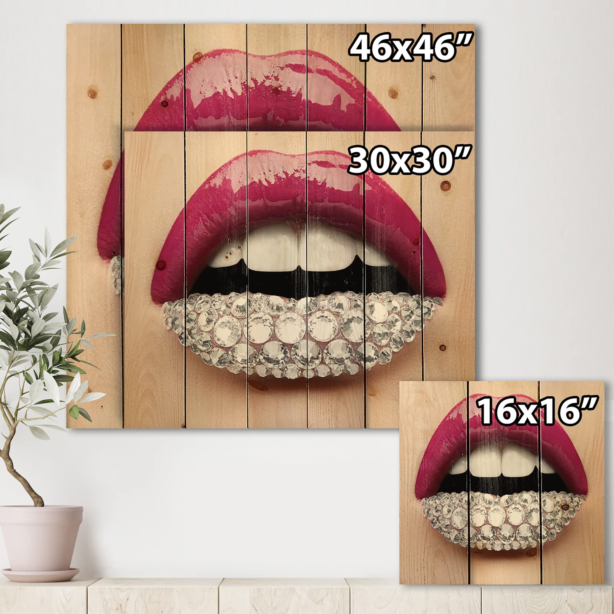 Pink Lipstick Wood Wall Art - Modern Diamond Decor for Living Room