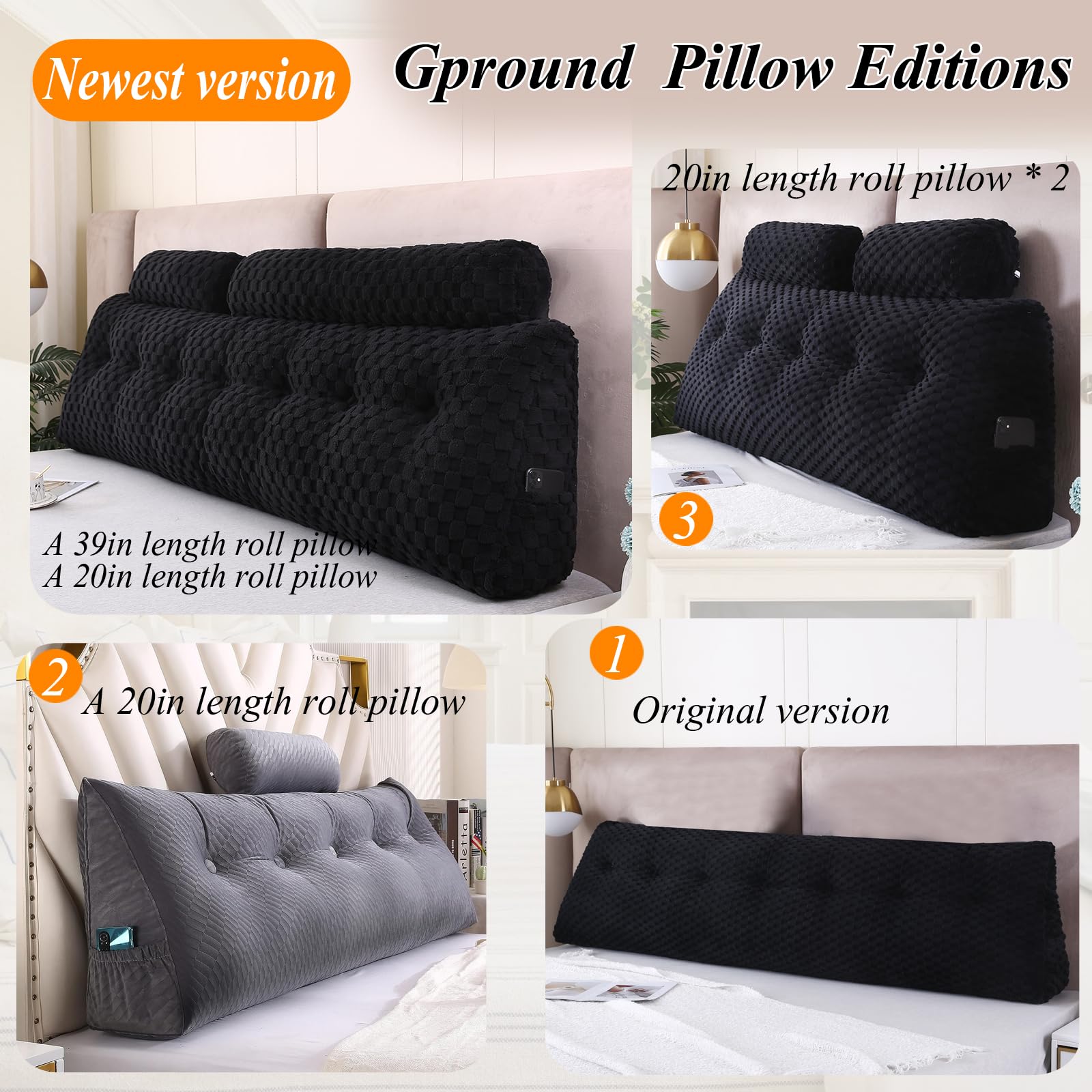 **Wedge Headboard Pillows Set - Long & Short Bolster Pillows for Bed Backrest, Sitting Comfort - Perfect for Reading, Watching TV, or Relaxing in Bed**