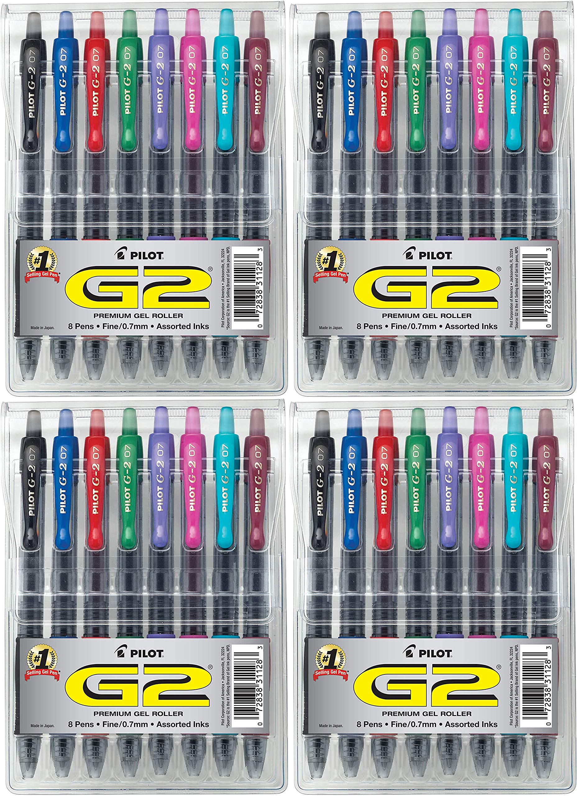 Pilot G2 Premium Refillable Retractable Gel Pens - Fine Point 0.7mm, 4-Pack with 8 Assorted Color Inks (31128) - Smooth Writing for Office, School & Note Taking