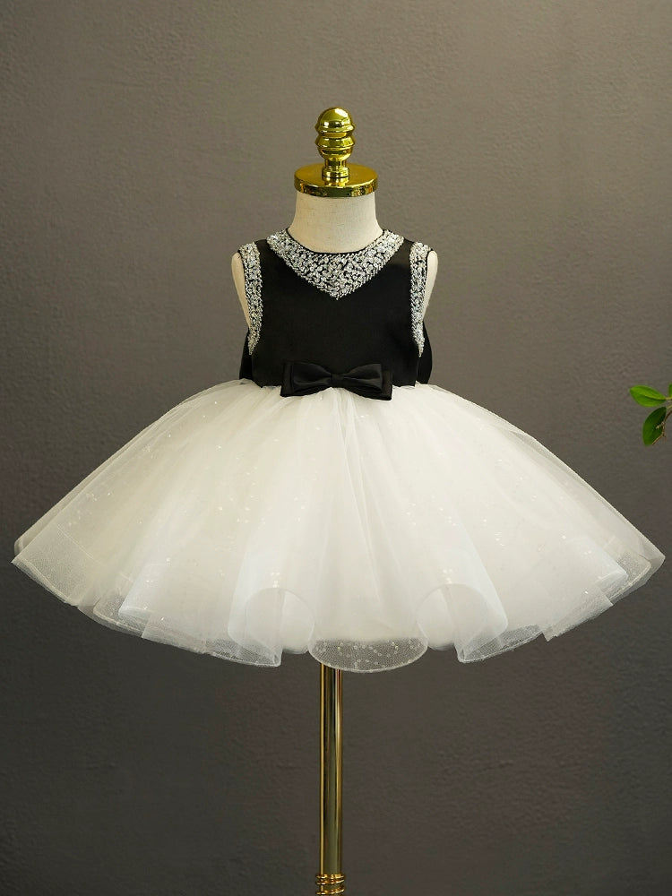 Black Princess Round Tea Length Satin Flower Girl Dress for Weddings, Flower Girls & Special Occasions