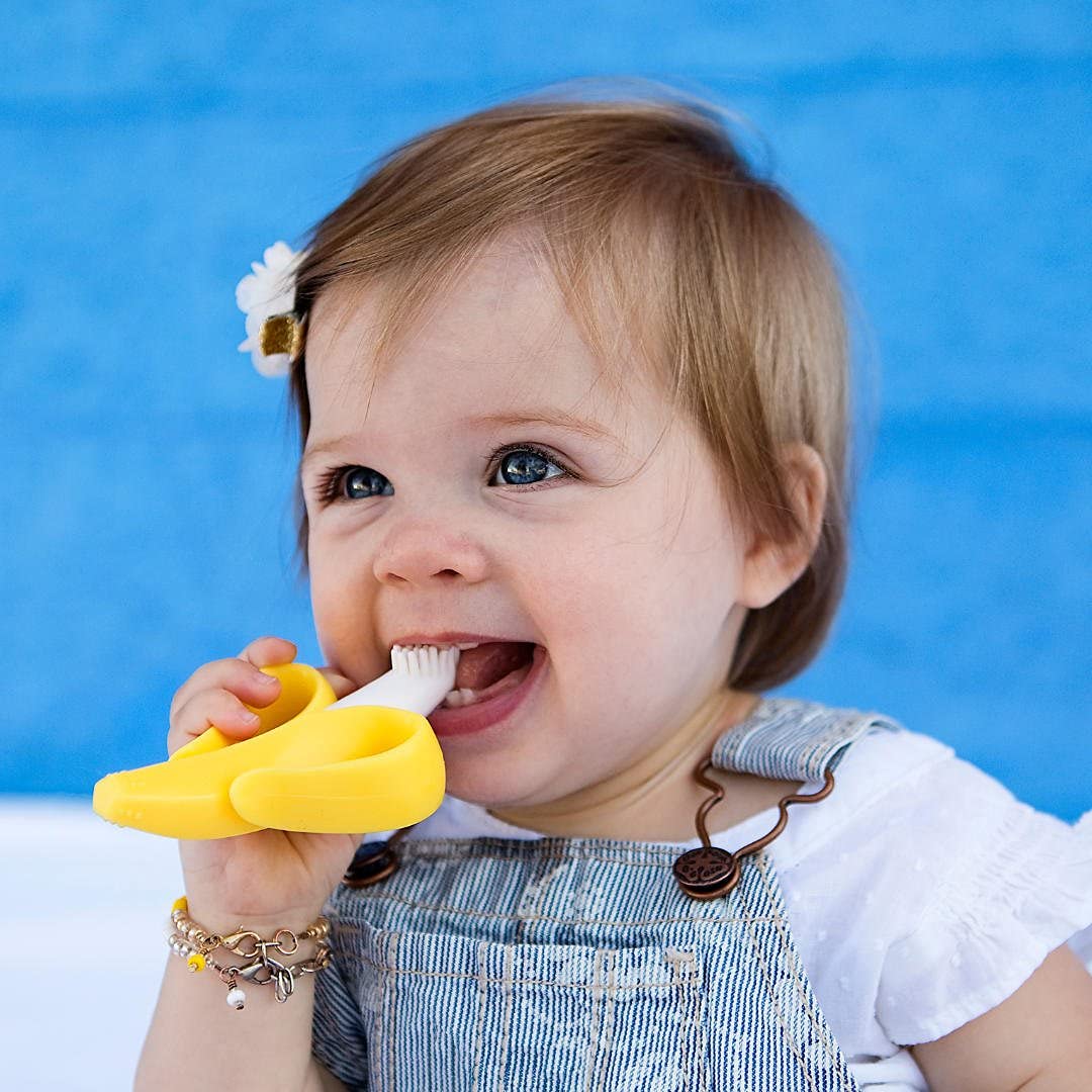 Syga Baby Banana Training Toothbrush and Teether - Soft Silicone Infant Toothbrush for Teething Babies (Yellow) | Perfect for Soothing Sore Gums & Early Dental Care