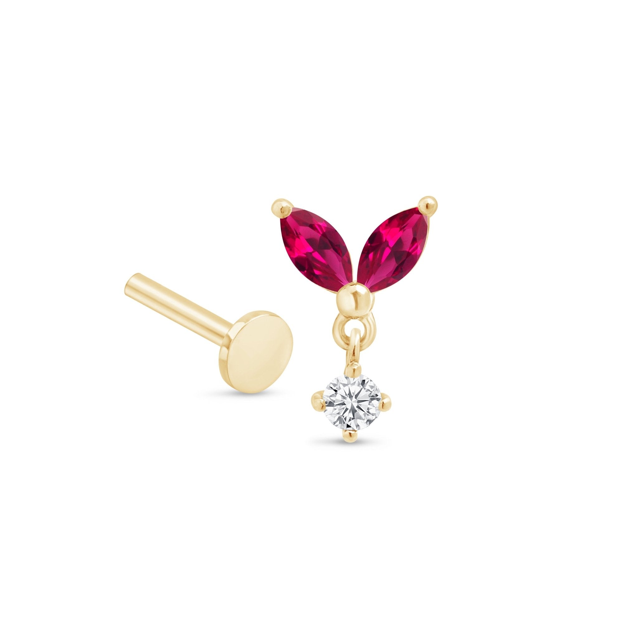 14k Yellow Gold Ruby Double Marquise Drop Earrings - Elegant Flat Back Studs for Women, Perfect for Weddings, Parties & Special Occasions
