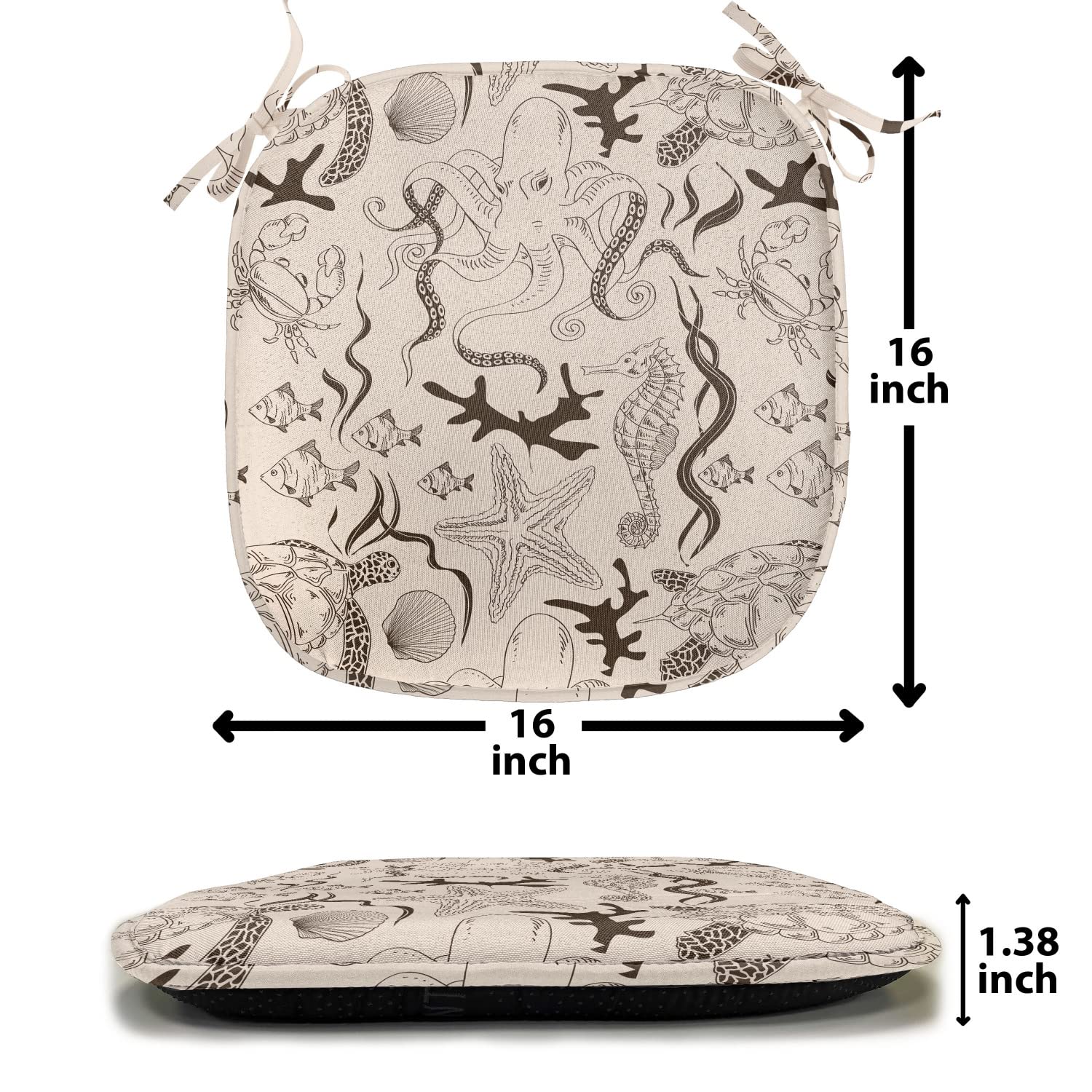 Ambesonne Beige Chair Cushion Set of 12 - Retro Marine Animal Print (Octopus, Crab, Seahorse) - Non-Slip Kitchen & Patio Seat Pads 16