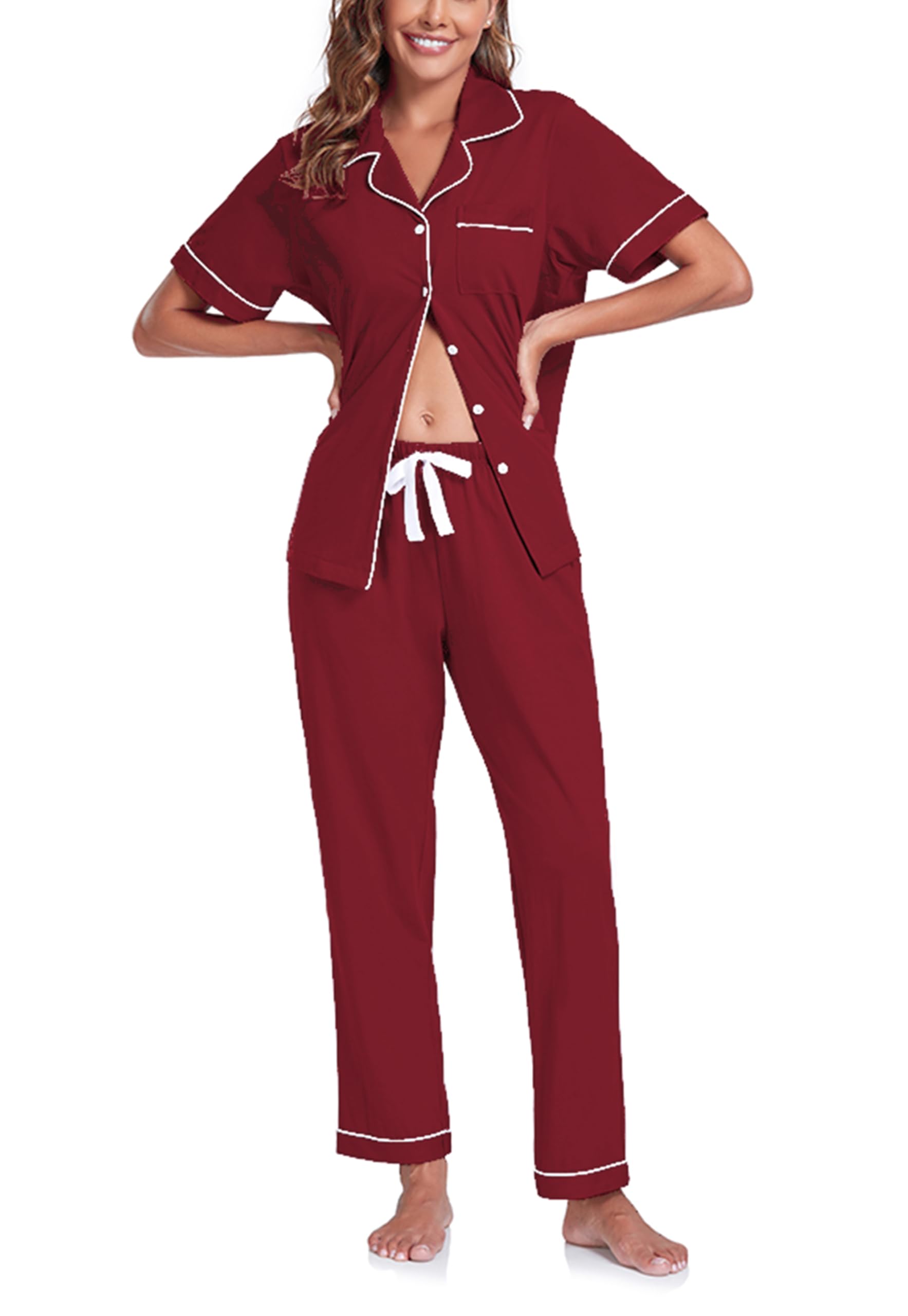 COLORFULLEAF Women's 100% Cotton Pajama Set - Button Down Short Sleeve Sleep Shirt & Lounge Pants - Soft Breathable Ladies Sleepwear for Nighttime & Relaxing at Home