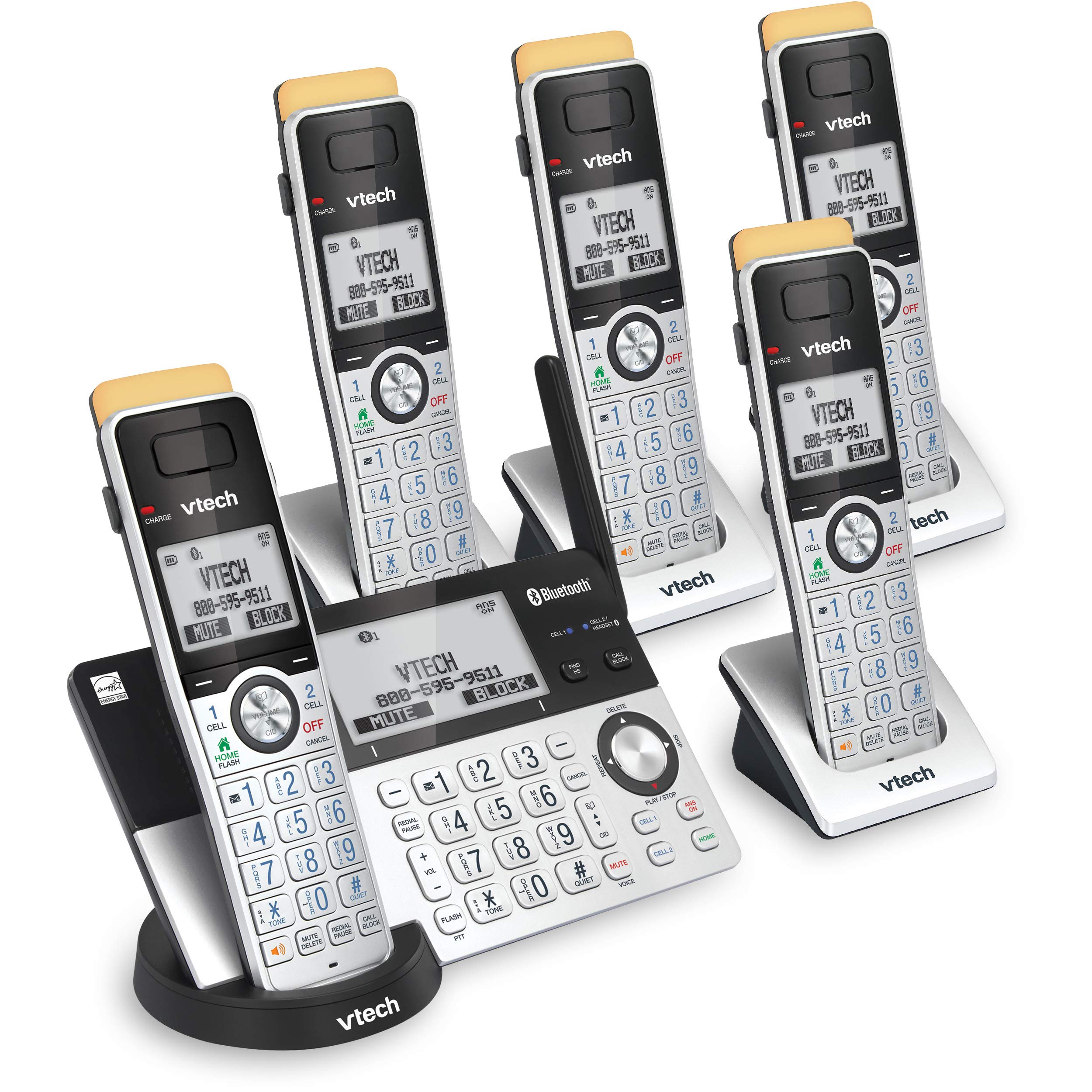 VTech IS8151-5 Super Long Range 5 Handset DECT 6.0 Cordless Phone for Home with Answering Machine - 2300 ft Range, Call Blocking, Bluetooth, Headset Jack, Power Backup, Intercom, Expandable to 12 Handsets - Perfect for Large Homes, Offices & Multi-Room Communication