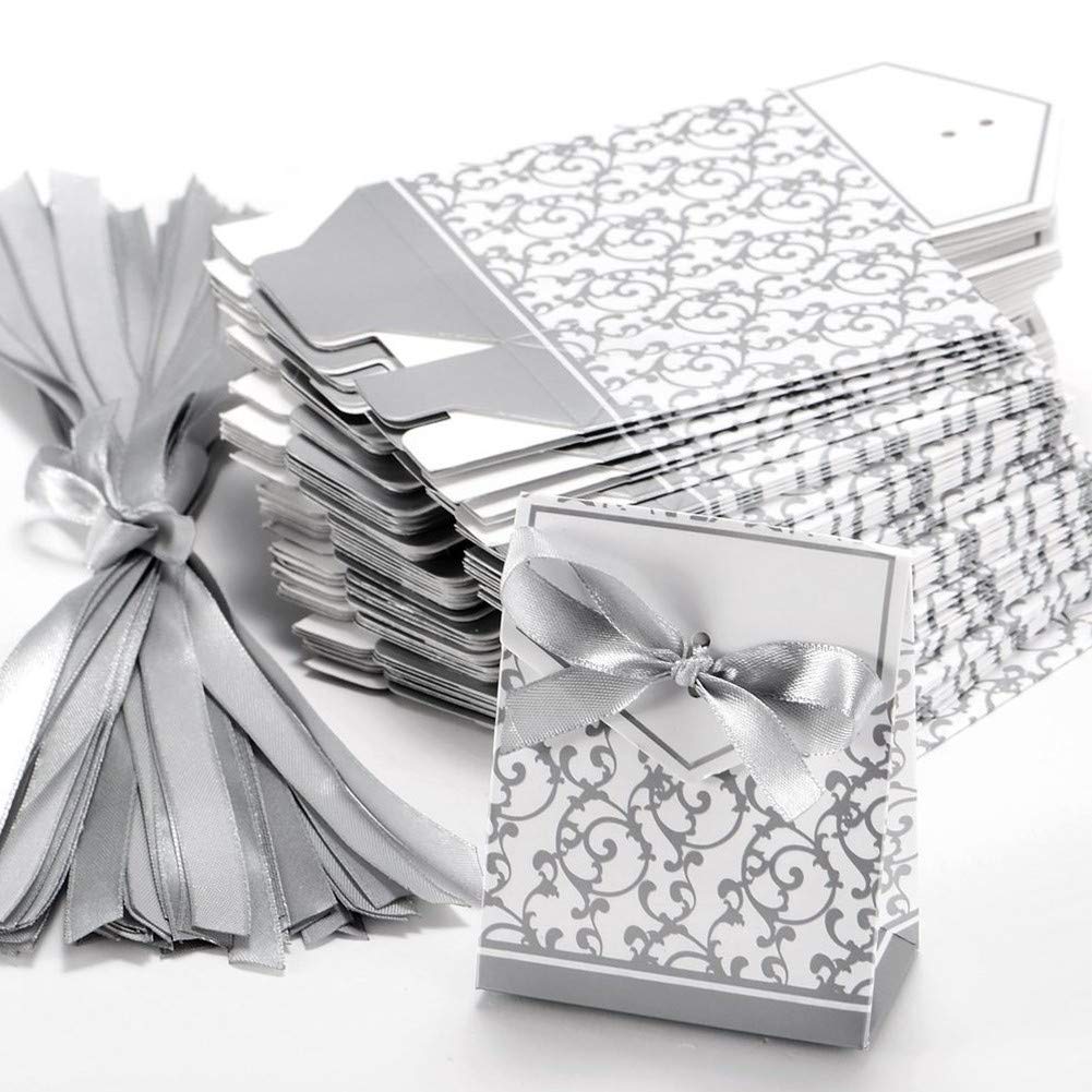 KUPOO 50PCS Silver Wedding Favor Boxes - Elegant Candy Gift Boxes with Ribbon for Wedding Party, Birthday, Baby Shower & Easter Decorations - Perfect for Candy, Cake, Chocolates and Party Favors