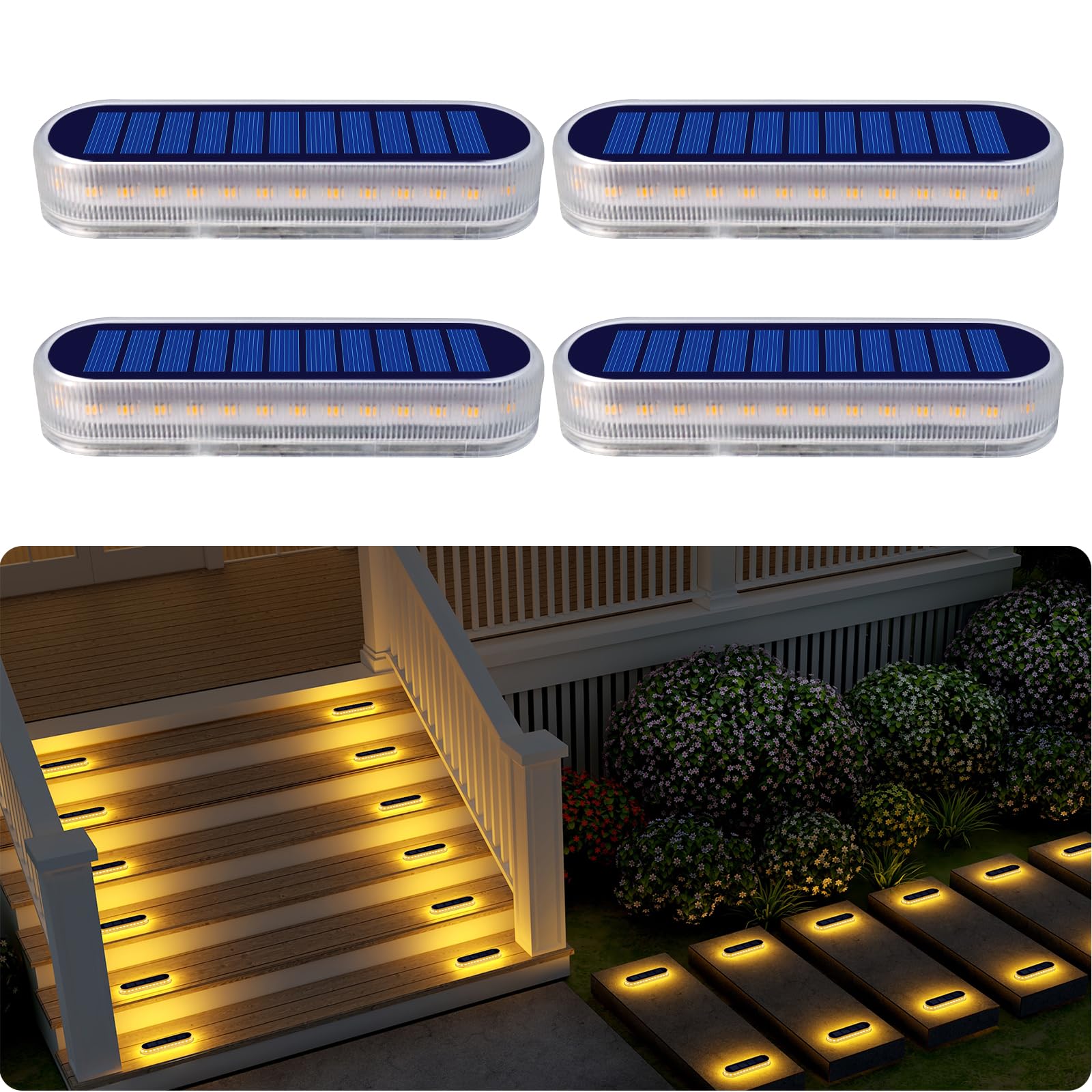 Solar Powered Outdoor Step Lights - Waterproof LED Deck & Fence Lighting (4 Pack) | Warm White Solar Lights for Stairs, Patio, Garden, Pathway, Driveway & Porch | Perfect for Backyard, Front Door & Dock Safety Lighting at Night