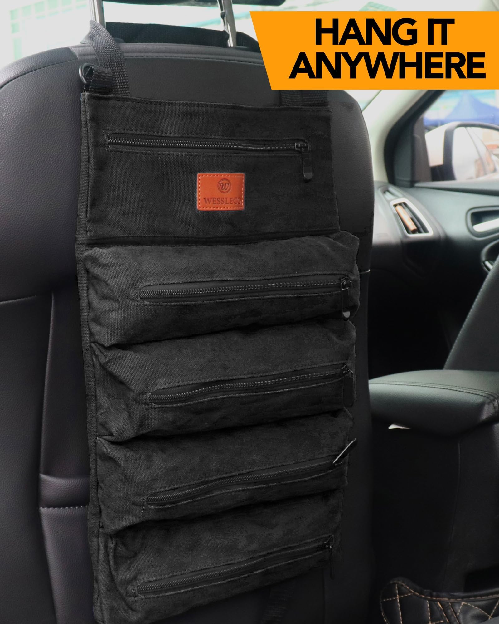Heavy Duty 16OZ Canvas Roll Up Tool Bag with 5 Zippered Pockets - Multi-Purpose Wrench Roll Organizer for Mechanics, Electricians & DIY Projects - Perfect for Workshop, Garage & On-the-Go Repairs (Black)