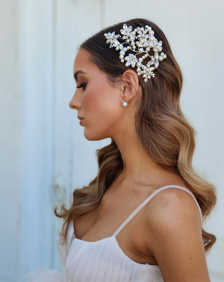 Elegant Bridal Headpiece with Crystal Navette Leaves & Flowers - Statement Vine Design by Kezani [Side Only] | Perfect for Weddings, Prom & Special Occasions