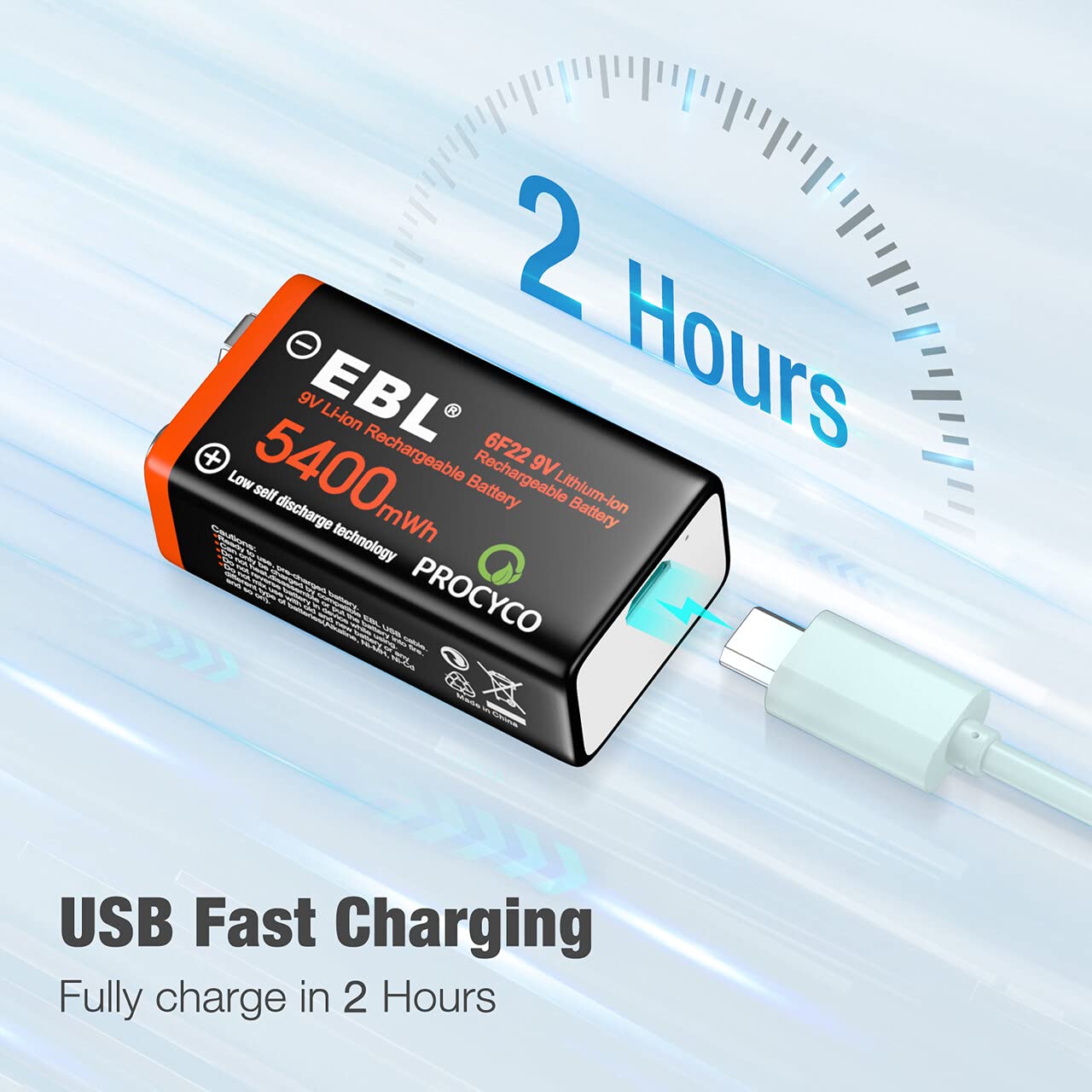 EBL USB Rechargeable 9V Lithium Battery 5400mWh with Charging Cable - High Capacity Long Lasting Power for Guitar Pedals, Smoke Detectors & Medical Devices