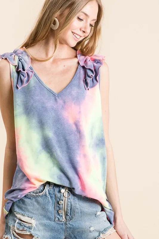 BiBi Tie Dye French Terry V-Neck Ruffle Top for Women | Soft Casual Blouse for Spring & Summer | Perfect for Beach Outings, Brunch Dates, and Weekend Wear