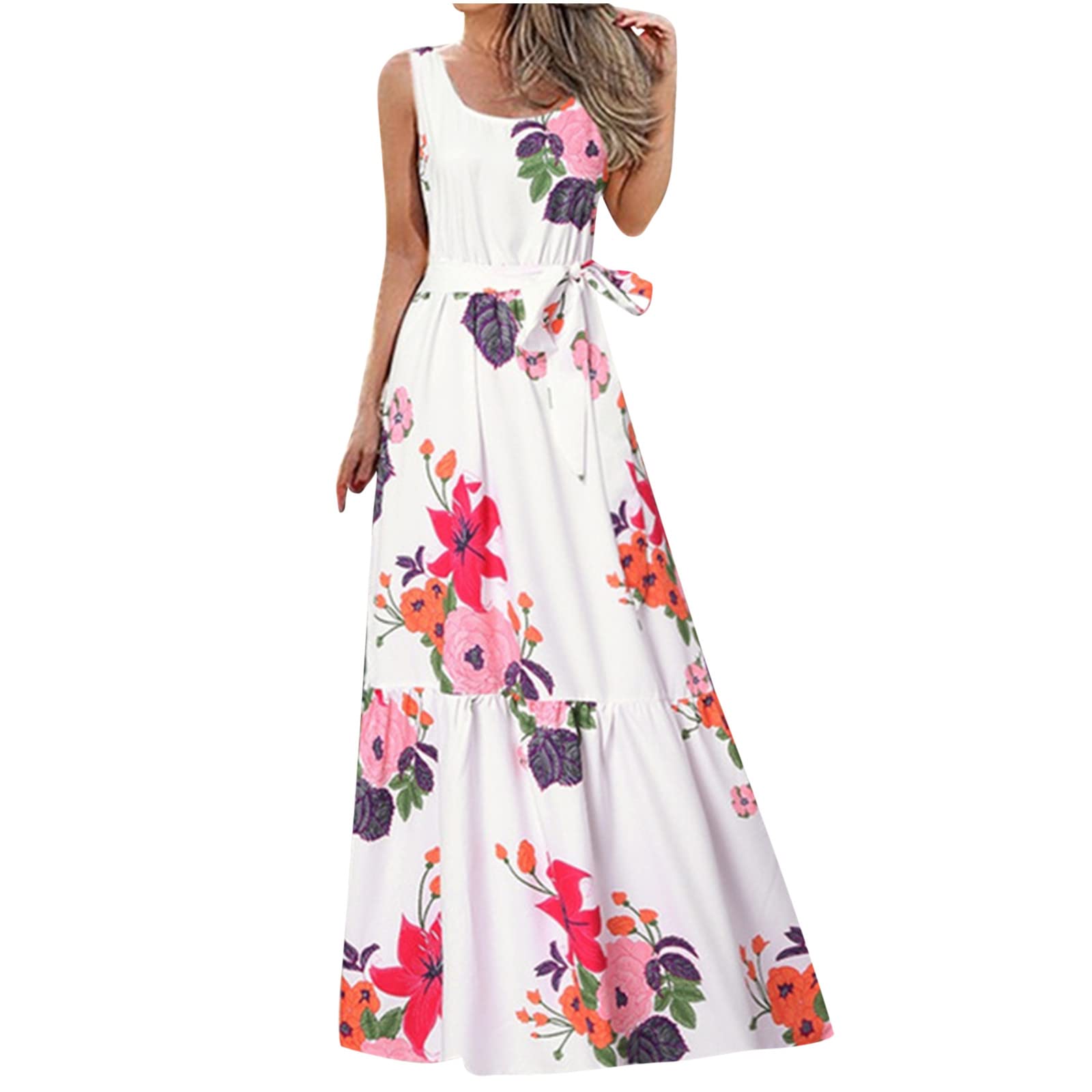 Women's Boho Floral Maxi Dress - High Waist Tie Front Sleeveless Summer Sun Dress for Wedding Guest, Cocktail Party & Beach Vacation | Casual Long Dress for Women