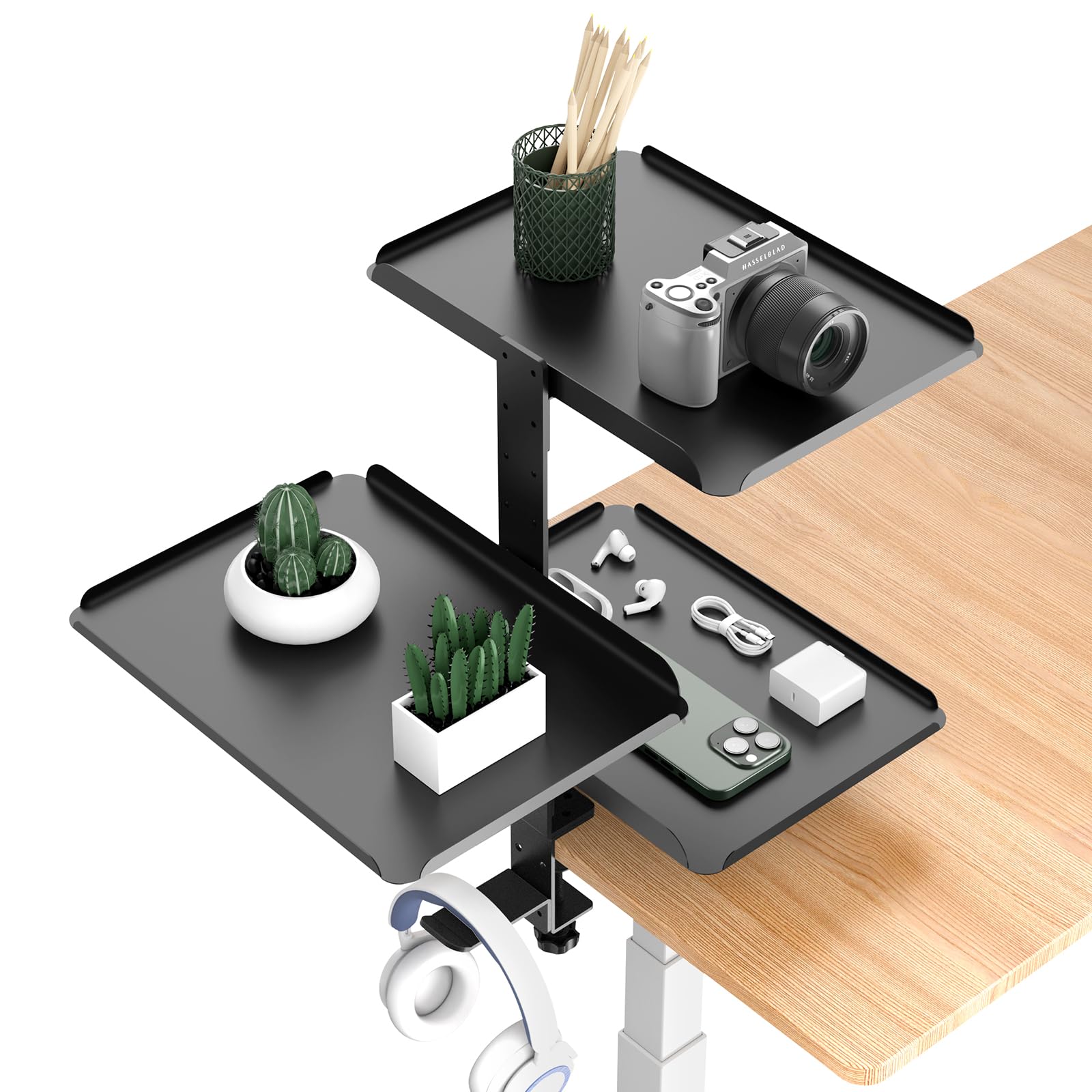 3-Tier Adjustable Metal Desk Organizer Shelf - Clamp-On Storage Tray & Headphone Stand for Office & Home (Black) | No Drilling Required | Perfect for Workspace Organization, Under Desk Storage & Gaming Setup Accessories