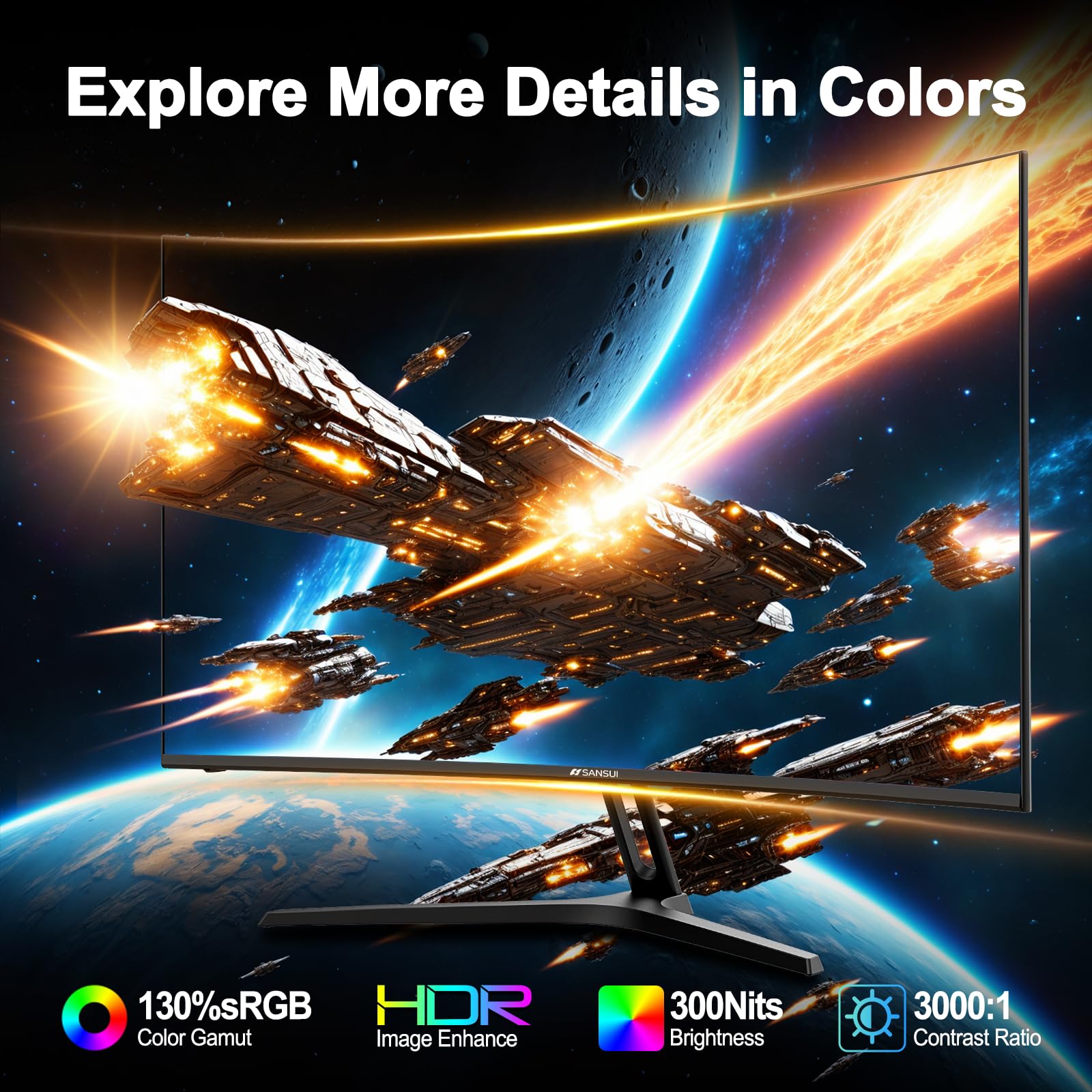 24 Inch Curved Gaming Monitor 180Hz 1ms MPRT - SANSUI FHD 1080P Computer Monitor with Built-in Speakers, FreeSync, 130% sRGB HDR, HDMI & DP Ports, VESA Mount - Perfect for Esports, Streaming & Home Office (Includes HDMI Cable)