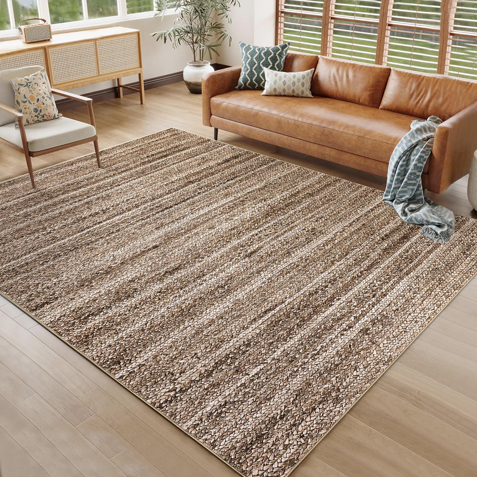 GARVEE 2x6 Washable Braided Runner Rug - Non-Slip Low Pile Modern Kitchen & Bathroom Rug - Ultra Thin Lightweight Indoor Carpet for Hallway, Entrance, Living Room - Foldable Home Decor (Brown)