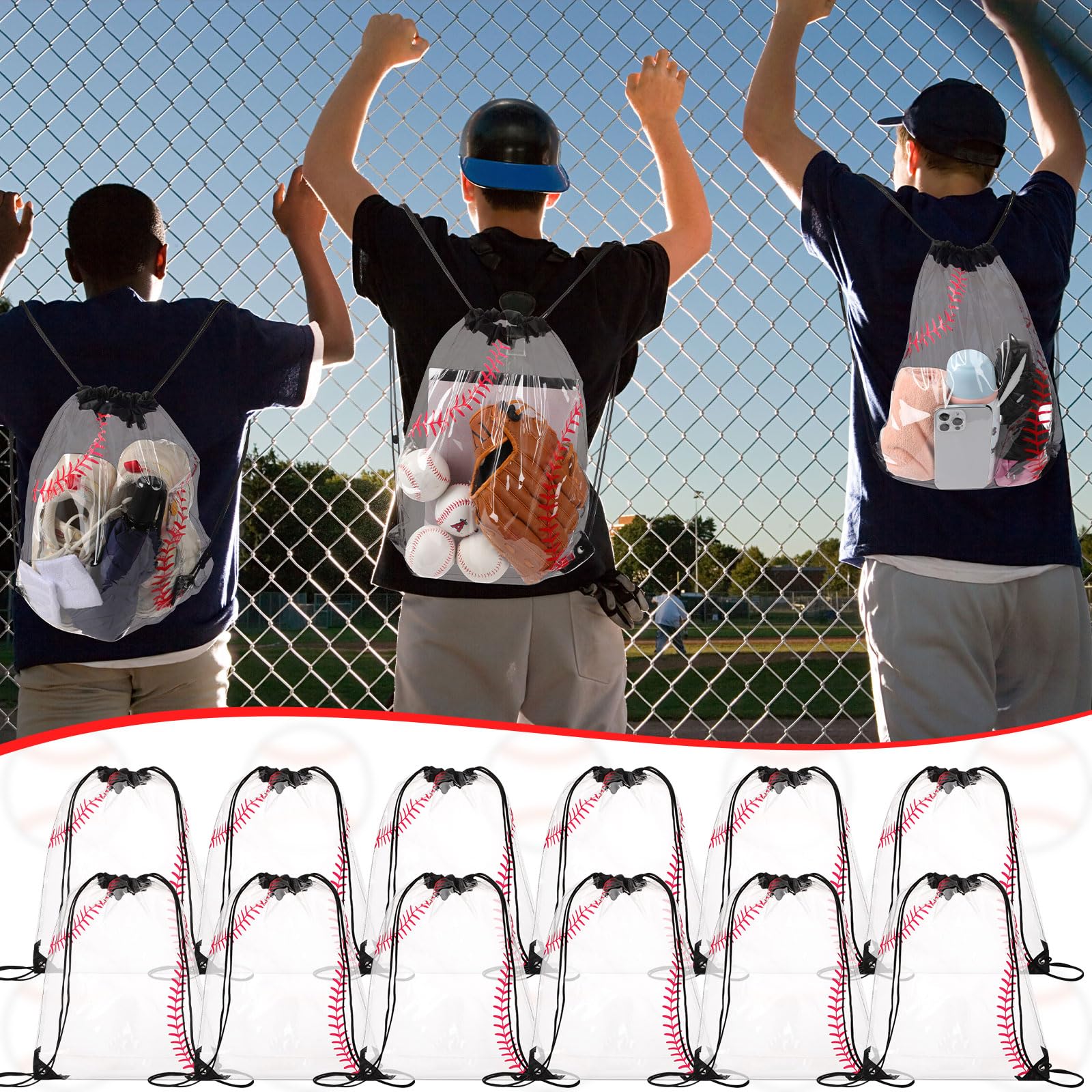 Cholemy 12 Pack Clear Plastic Drawstring Backpacks 17x13 Inch - Waterproof Baseball Gift Bags, Party Favors & Goodie Bags for Sports Events, Gym, Stadium Games & Team Celebrations - Perfect for Baseball Gifts, Team Snacks & Event Giveaways