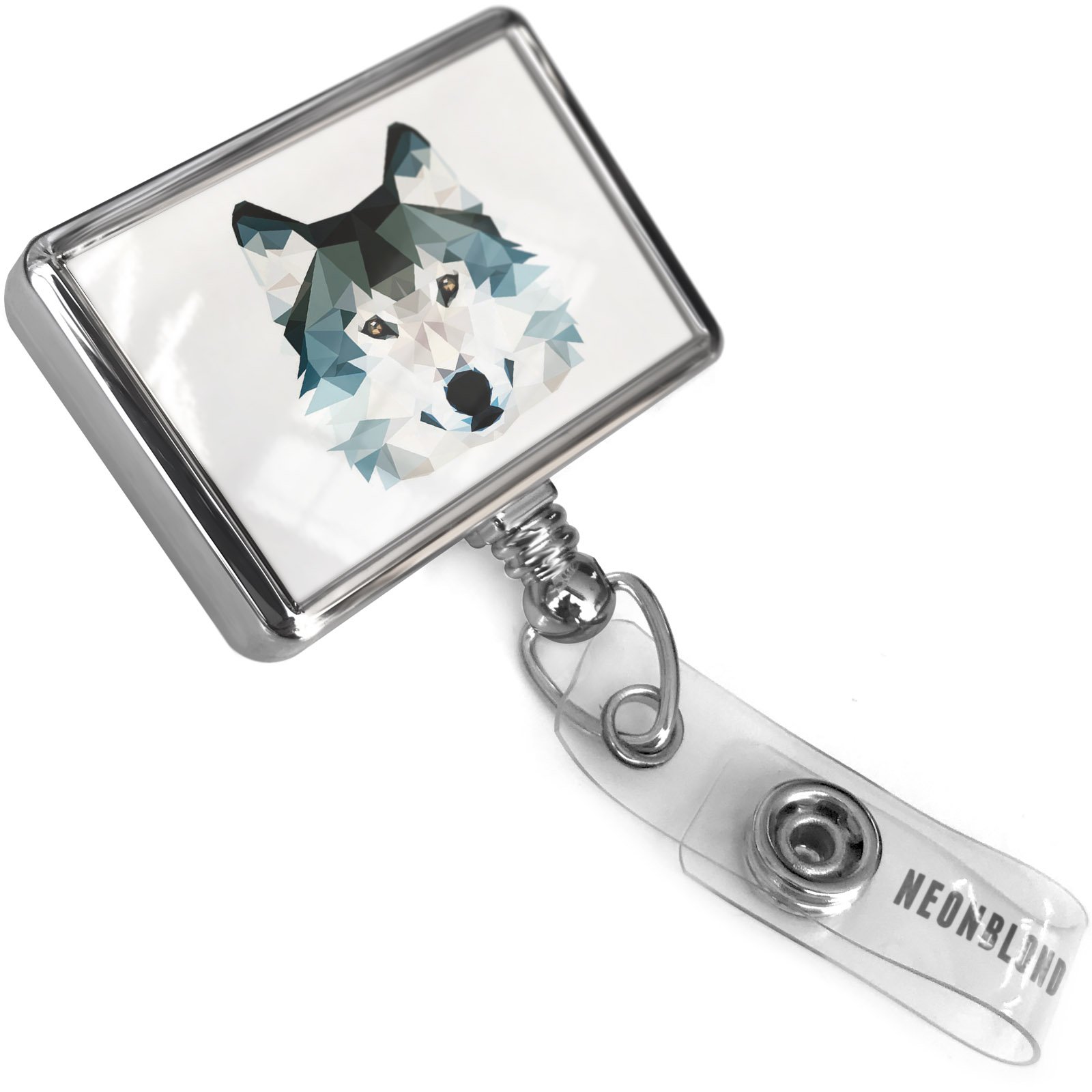 Retractable Plastic ID Badge Holder with Geometric Wolf & Bulldog Design - Belt Clip On Badge Reel for Work, School, and Events - Neonblond Collection