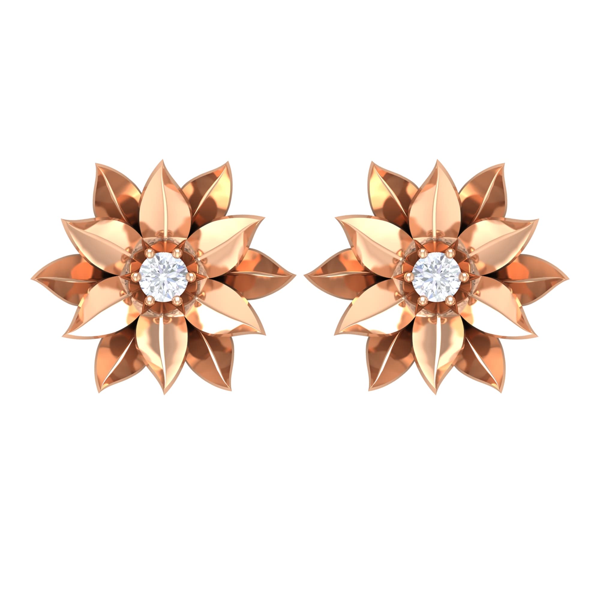 14K Solid Gold Diamond Stud Earrings - Petal Floral & Leaf Design Women's Jewelry for Everyday Wear, Gifts, Weddings & Special Occasions