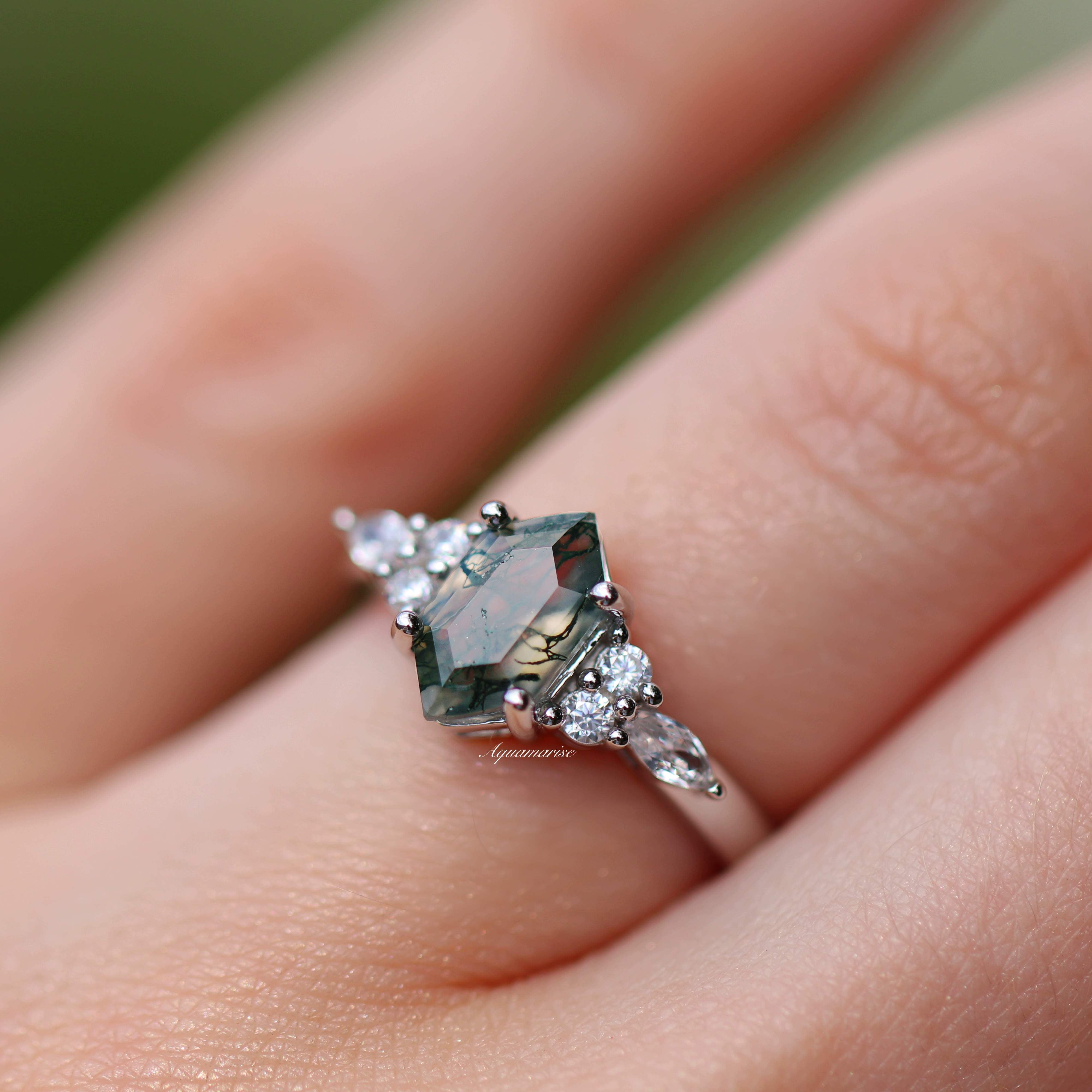 Sonnet Hexagon Green Moss Agate Ring - Sterling Silver Jewelry for Women | Nature-Inspired Healing Crystal Ring for Meditation, Yoga & Spiritual Gifts