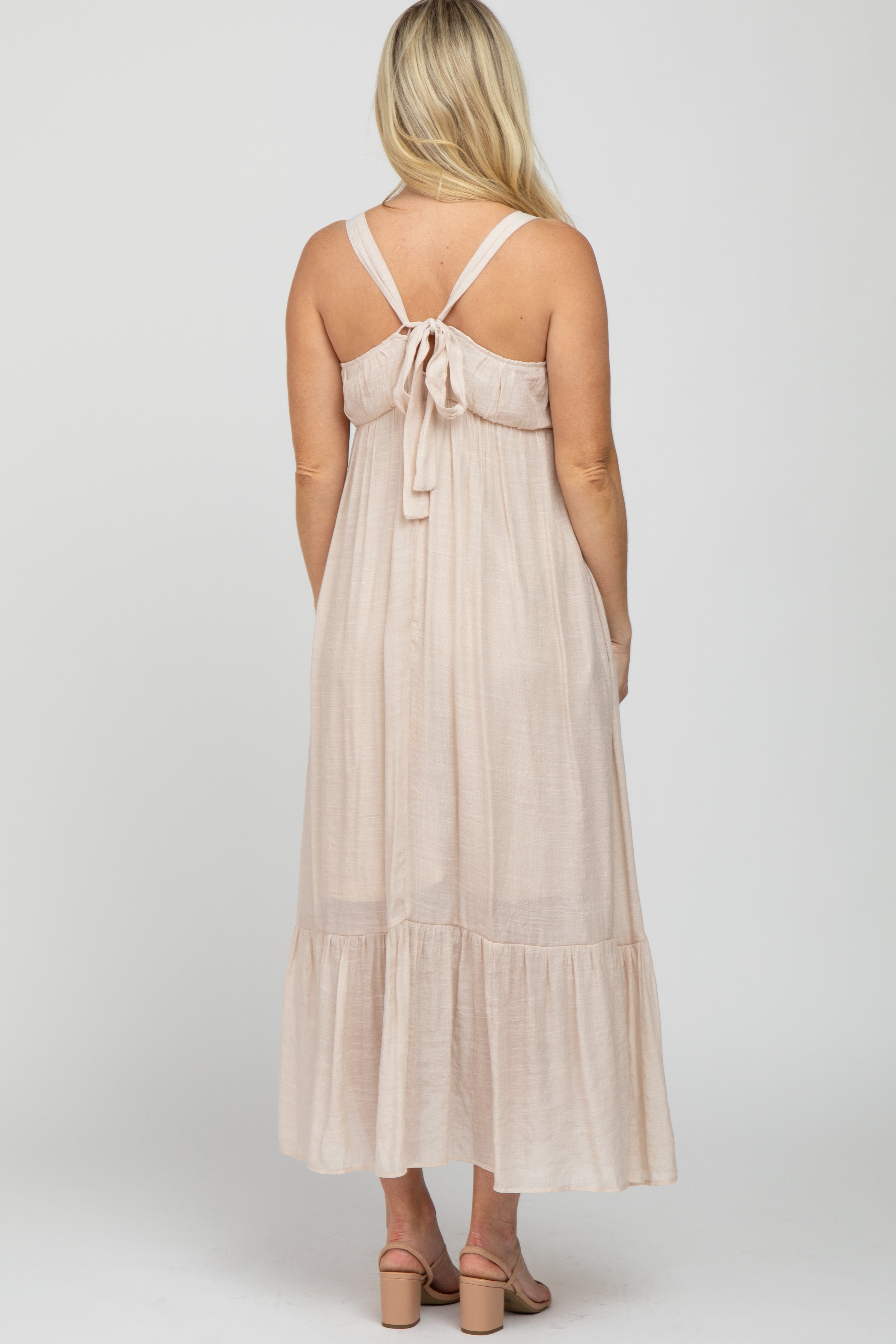 Beige Pintucked Maternity Maxi Dress for Women - Comfortable Pregnancy Dress for Baby Shower, Photoshoot & Special Occasions