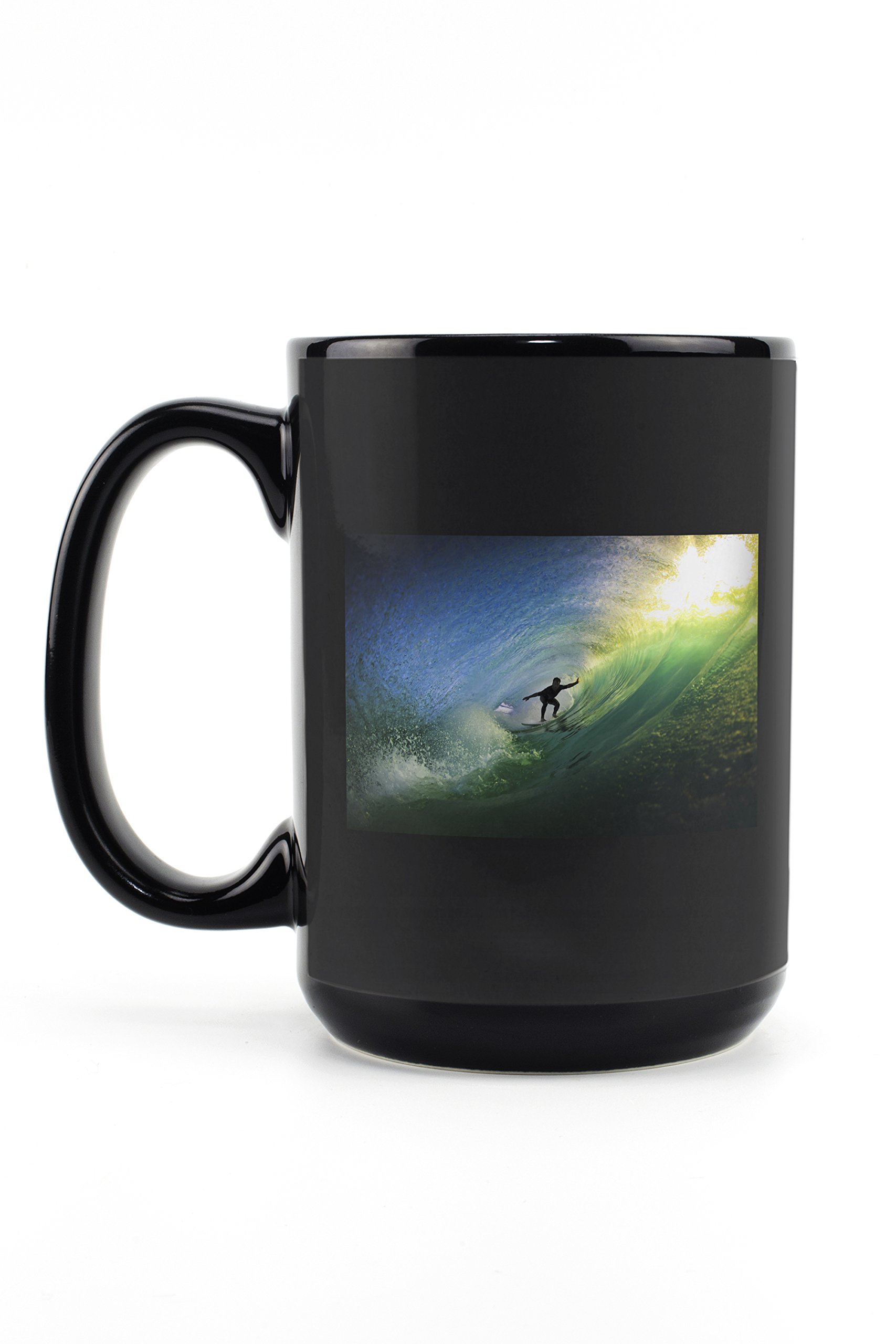 Lantern Press Surfer in Tube 15oz Black Ceramic Coffee Mug - Microwave & Dishwasher Safe - Perfect for Beach Lovers, Office Use & Gift Giving