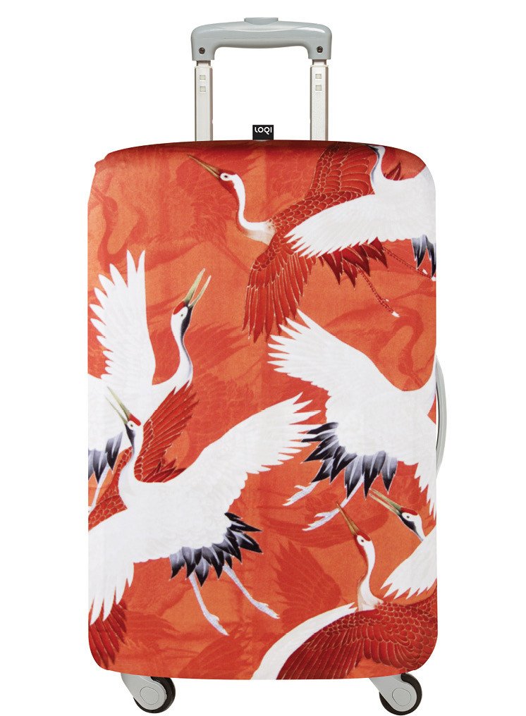 LOQI Museum Anonymous Luggage Cover M - Waterproof Travel Suitcase Protector with Art Print | Women's Haori Kimono Jacket with Crane Design | Perfect for Airplane Travel & Japanese Themed Outfits