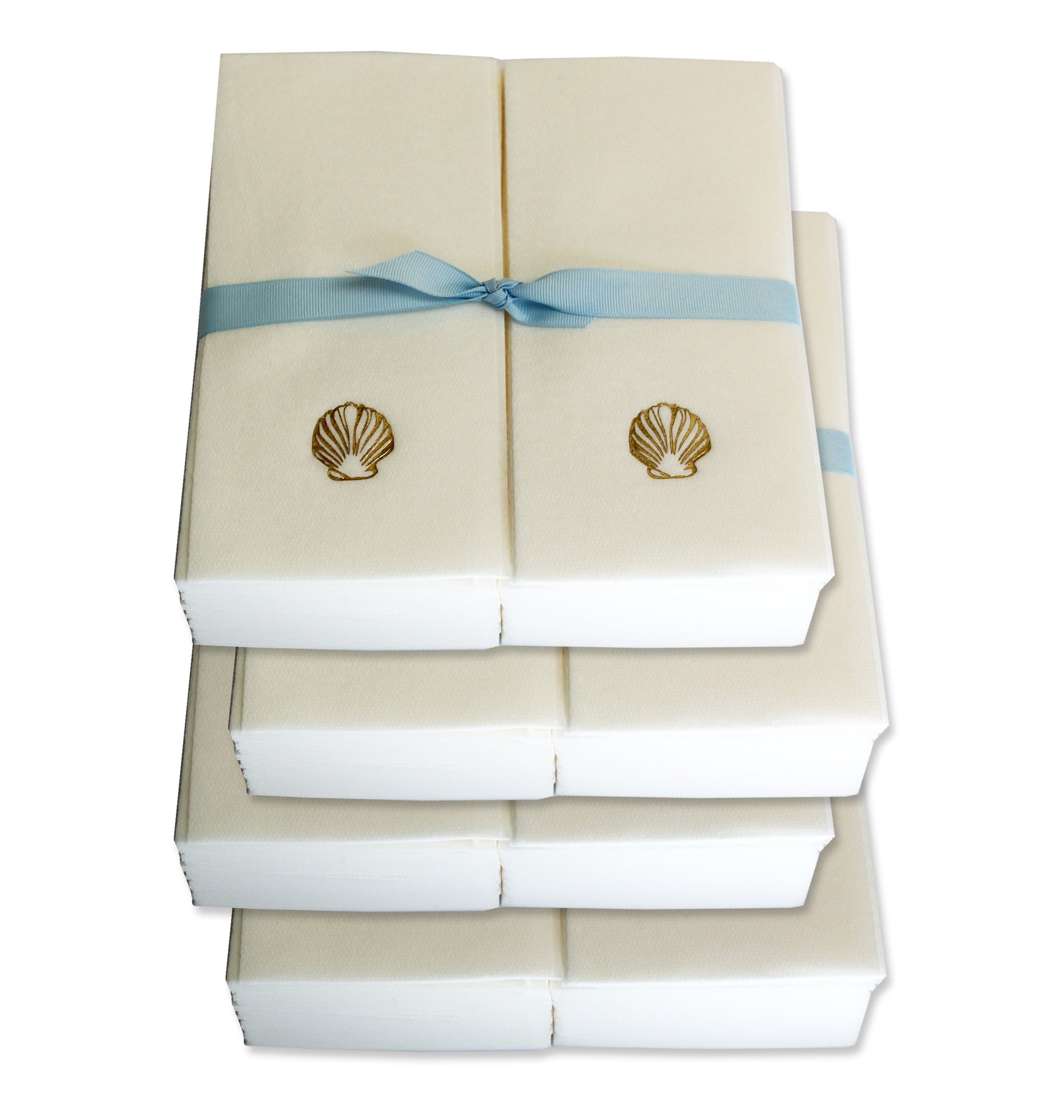 Premium Disposable Guest Hand Towels with Ribbon - 200 Count Luxury Gold Shell Embossed Paper Towels for Bathroom, Kitchen & Party Events - Soft & Absorbent for Weddings, Baby Showers & Upscale Gatherings